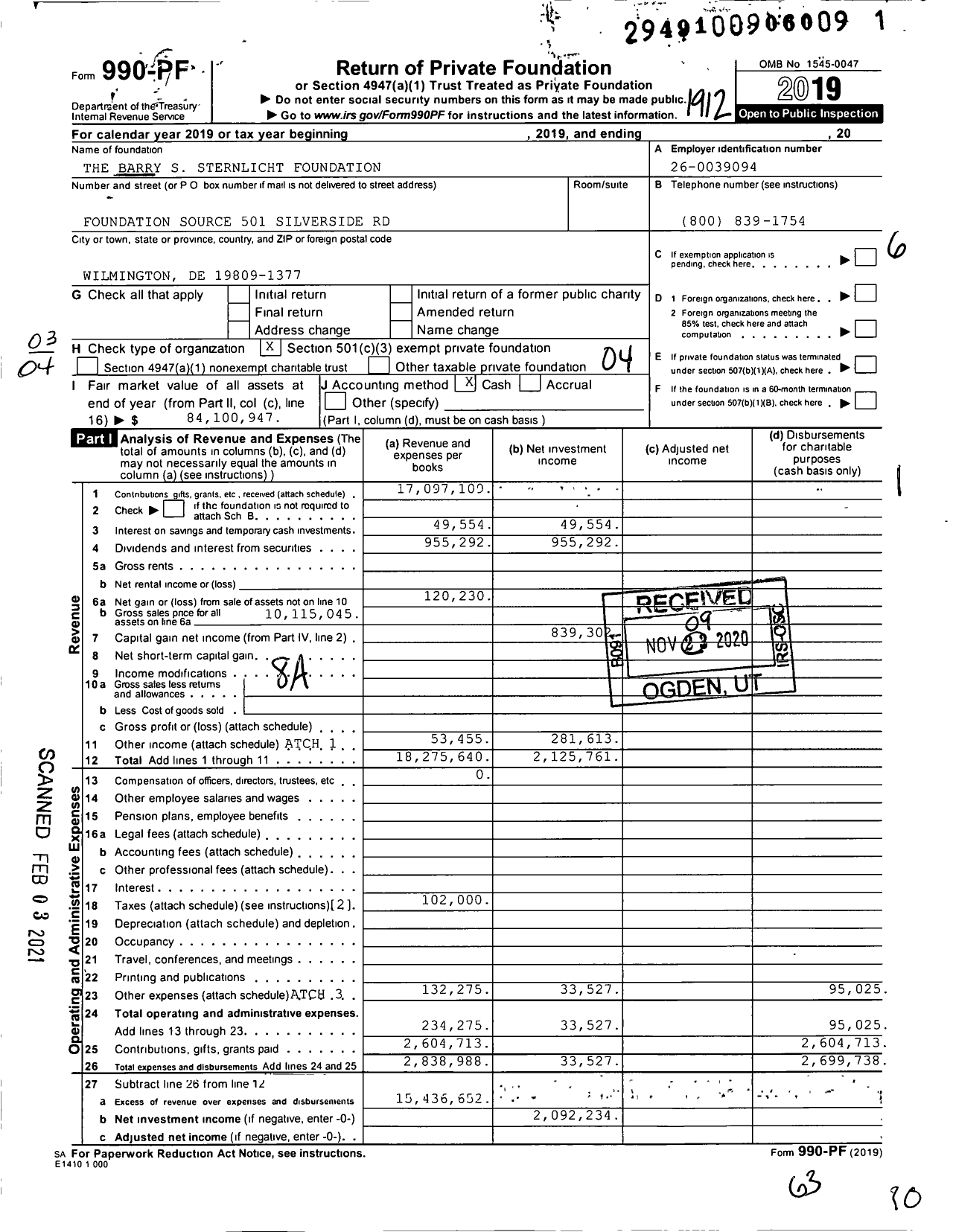 Image of first page of 2019 Form 990PF for Sternlicht Family Foundation