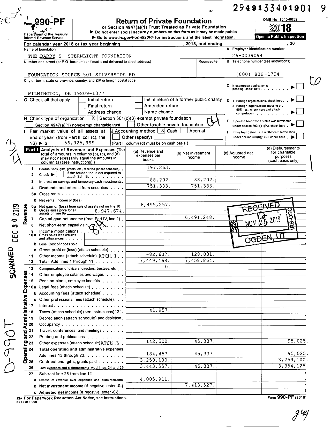 Image of first page of 2018 Form 990PF for Sternlicht Family Foundation