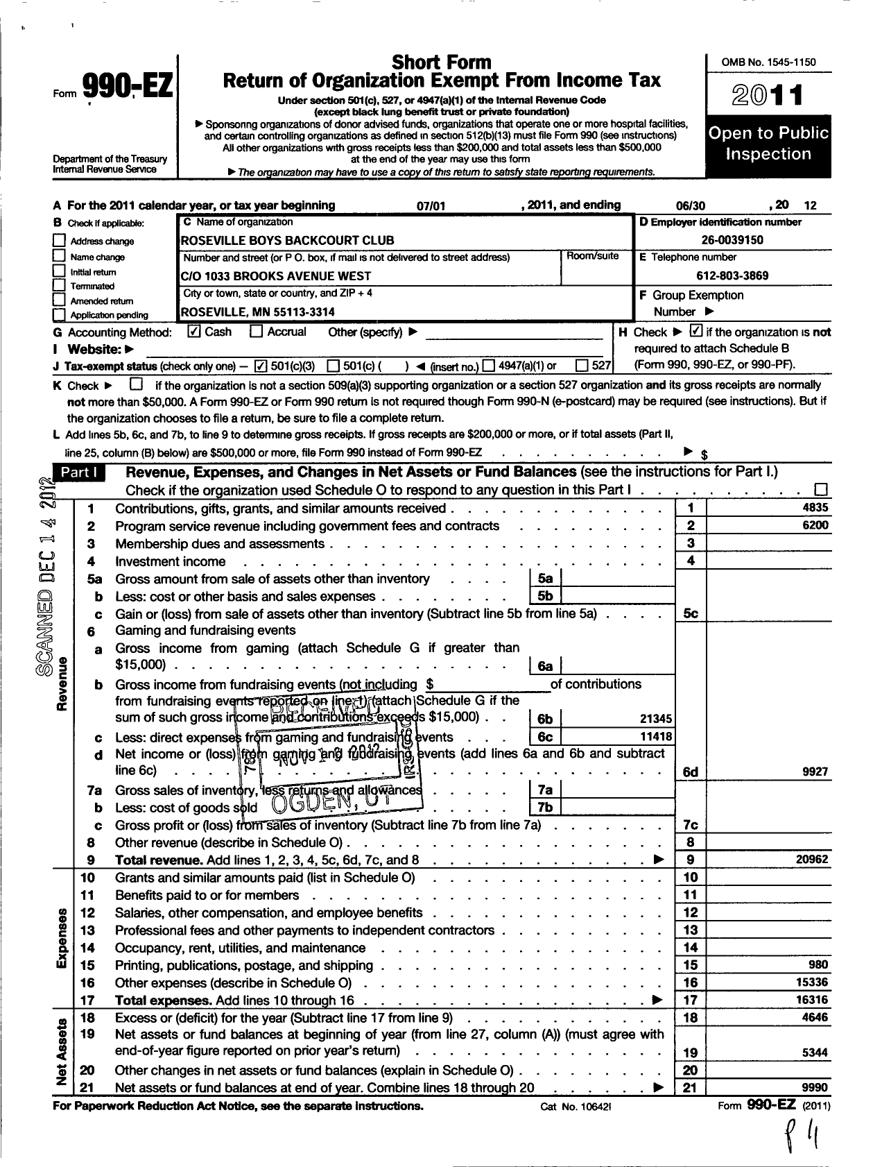 Image of first page of 2011 Form 990EZ for Roseville Boys Backcourt Club