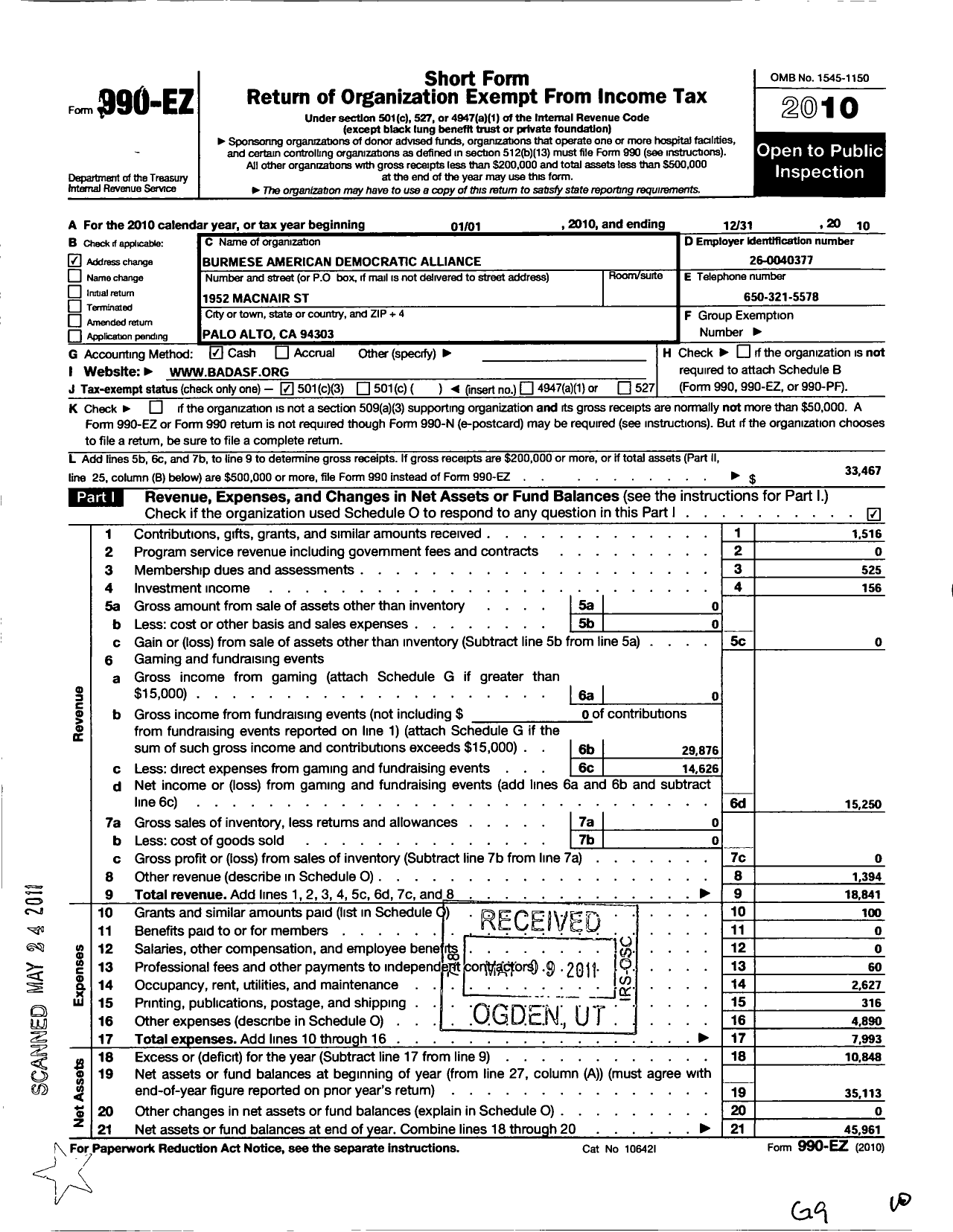 Image of first page of 2010 Form 990EZ for Burmese American Democretic Alliance