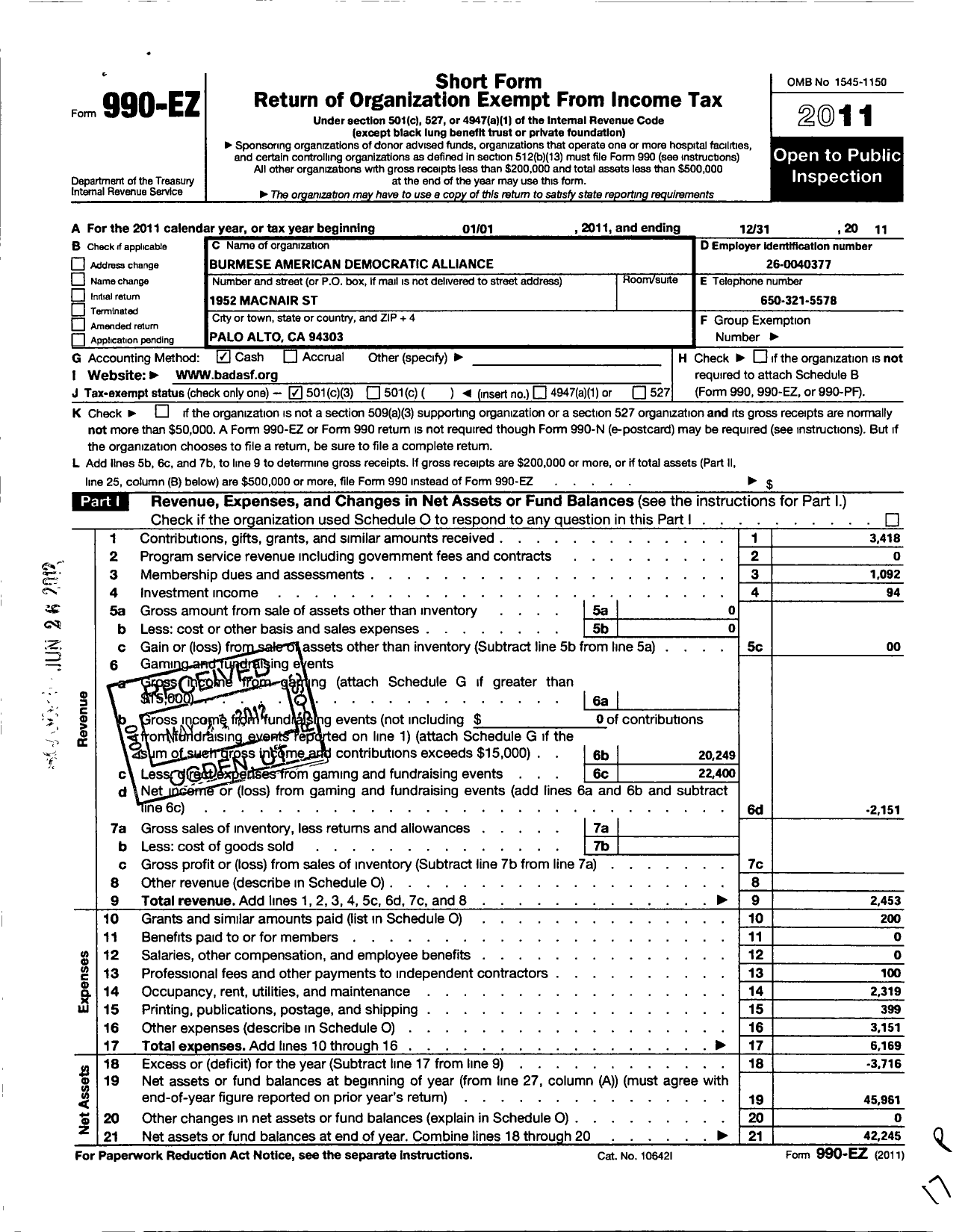 Image of first page of 2011 Form 990EZ for Burmese American Democretic Alliance