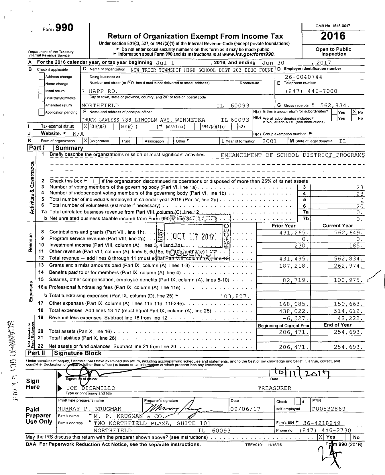 Image of first page of 2016 Form 990 for New Trier Educational Foundation