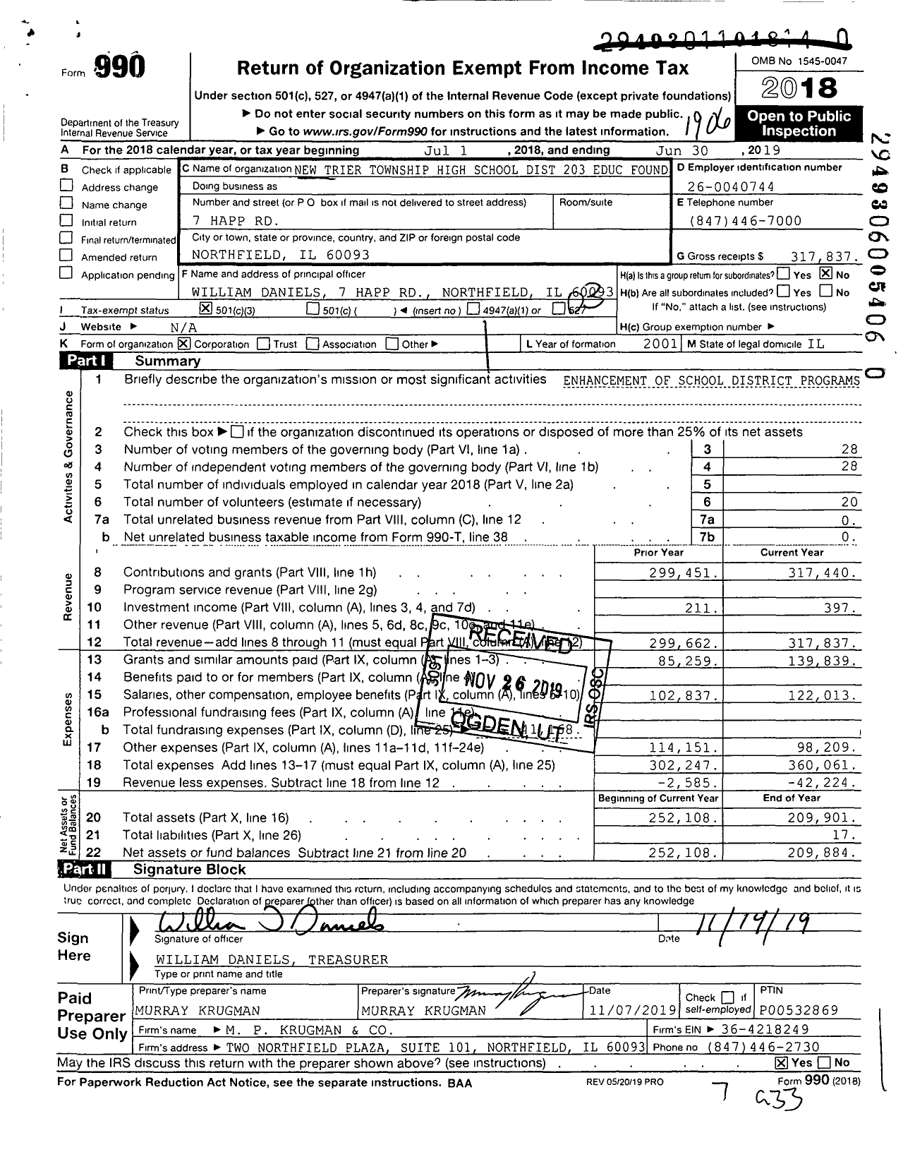 Image of first page of 2018 Form 990 for New Trier Educational Foundation