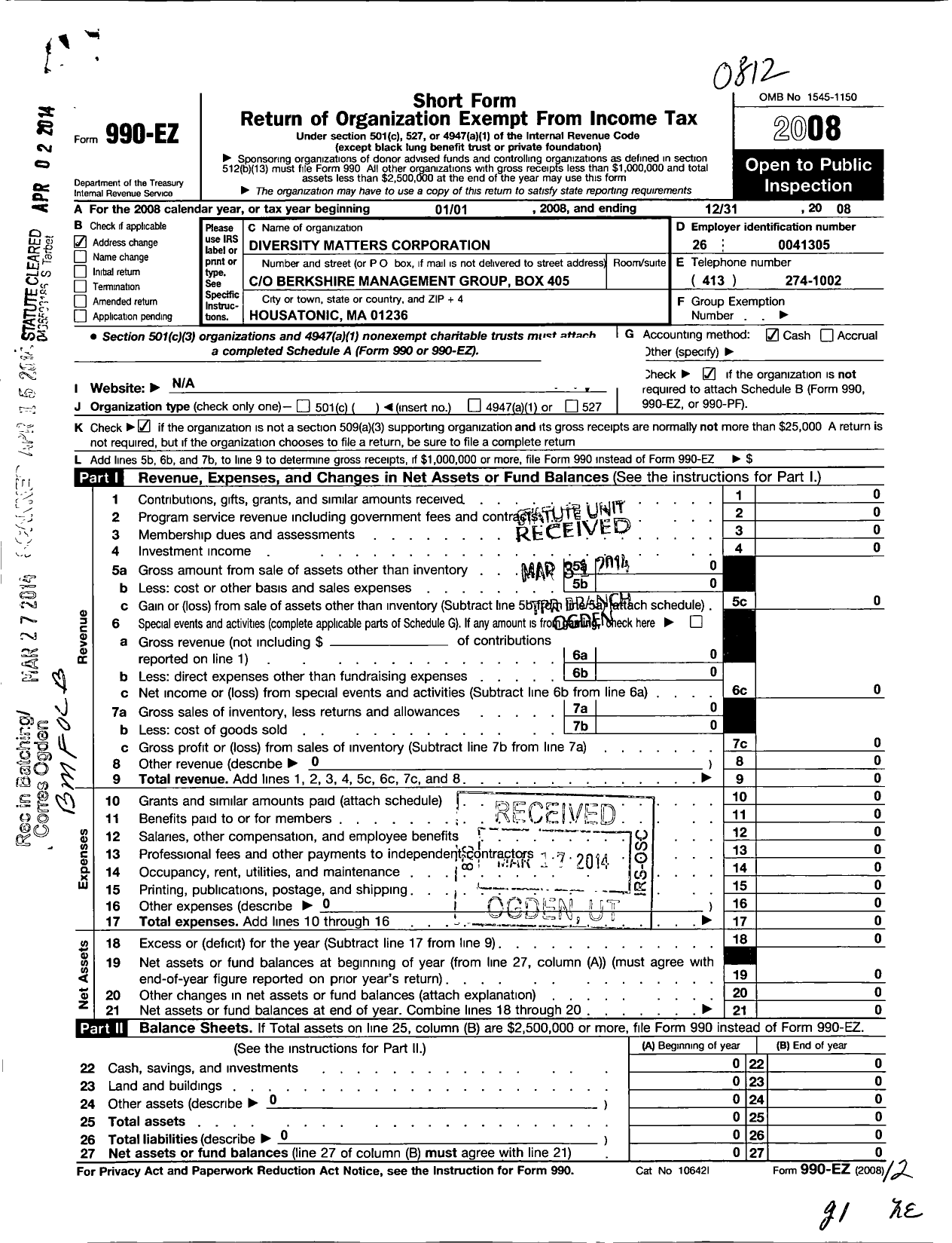 Image of first page of 2008 Form 990EO for Diversity Matters Corporation