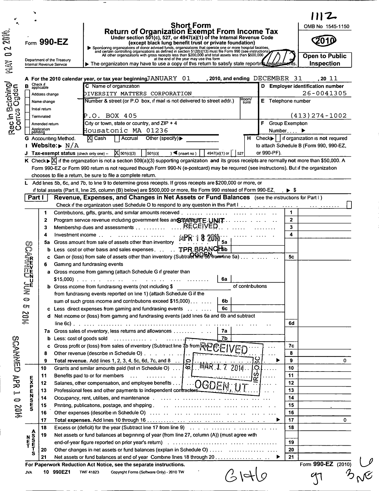 Image of first page of 2011 Form 990EZ for Diversity Matters Corporation