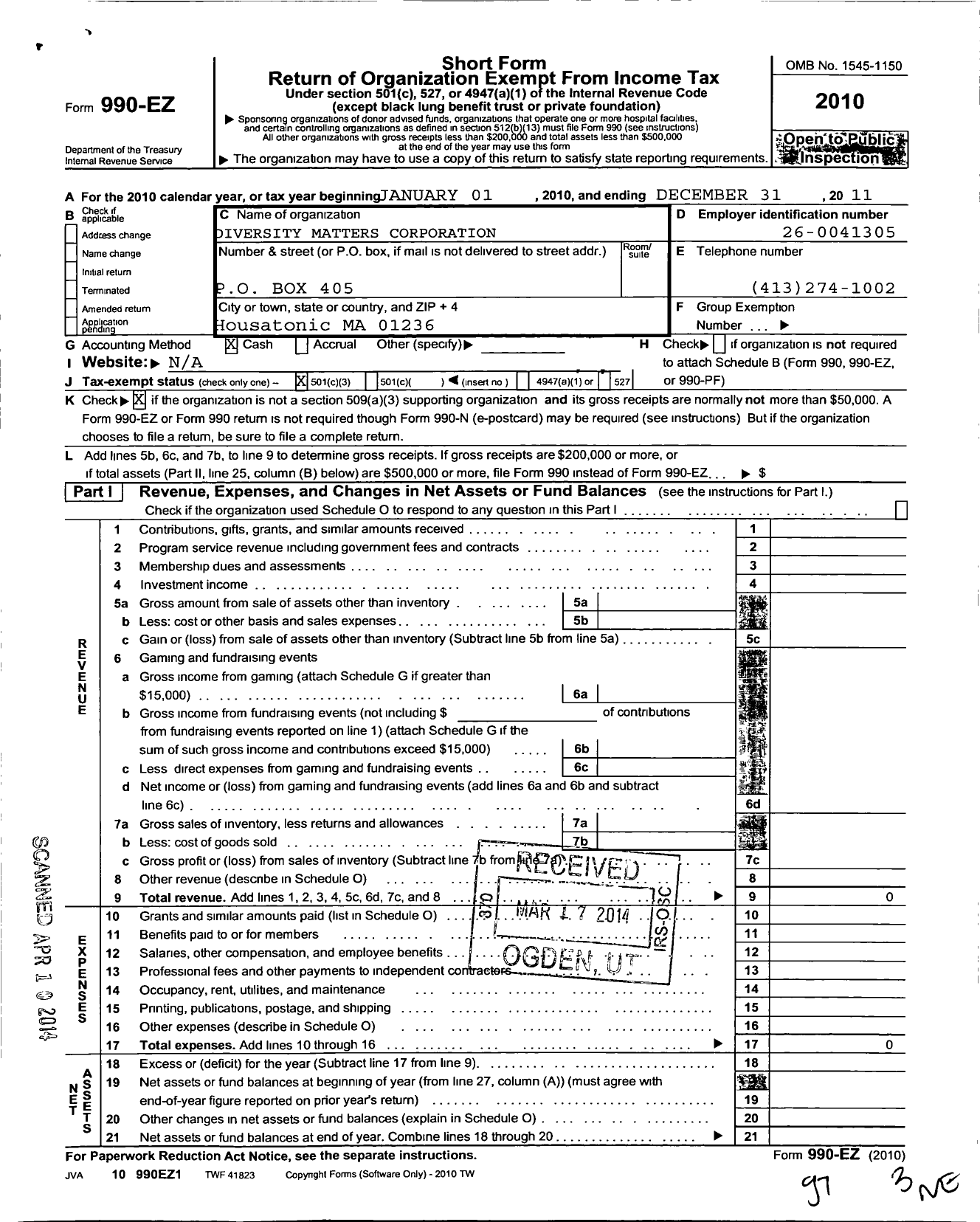 Image of first page of 2011 Form 990EZ for Diversity Matters Corporation