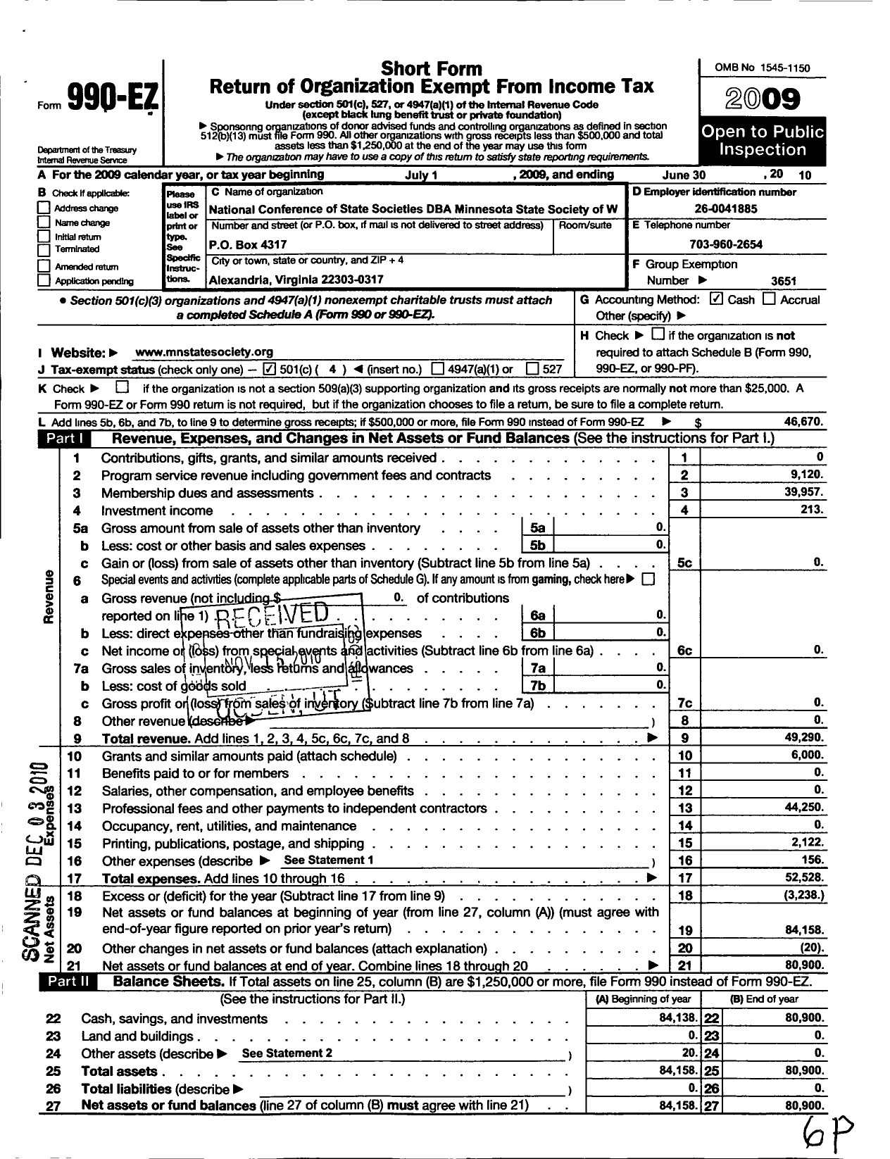 Image of first page of 2009 Form 990EO for National Conference of State Societies Washington District of C / Minnesota State Society of W