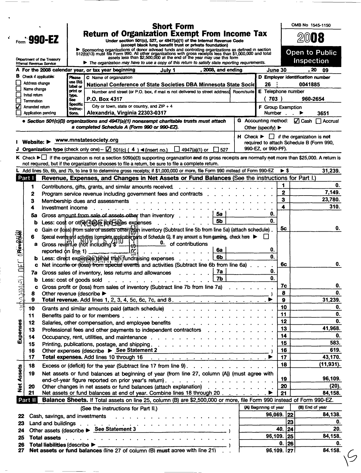 Image of first page of 2008 Form 990EO for National Conference of State Societies Washington District of C / Minnesota State Society of W