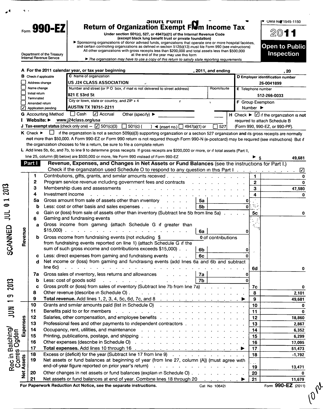 Image of first page of 2011 Form 990EZ for Us J24 Class Association