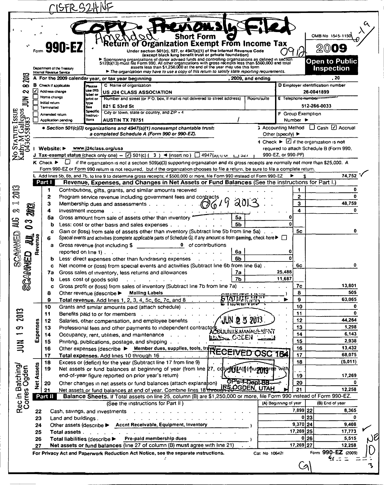 Image of first page of 2009 Form 990EZ for Us J24 Class Association