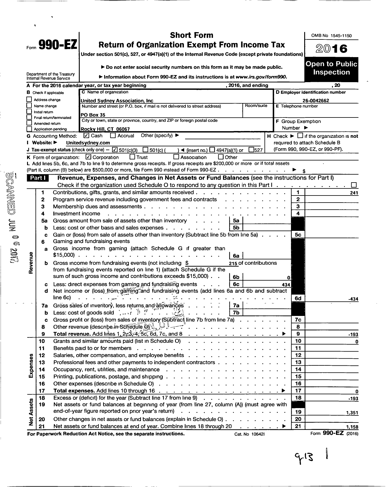 Image of first page of 2016 Form 990EZ for United Sydney Association