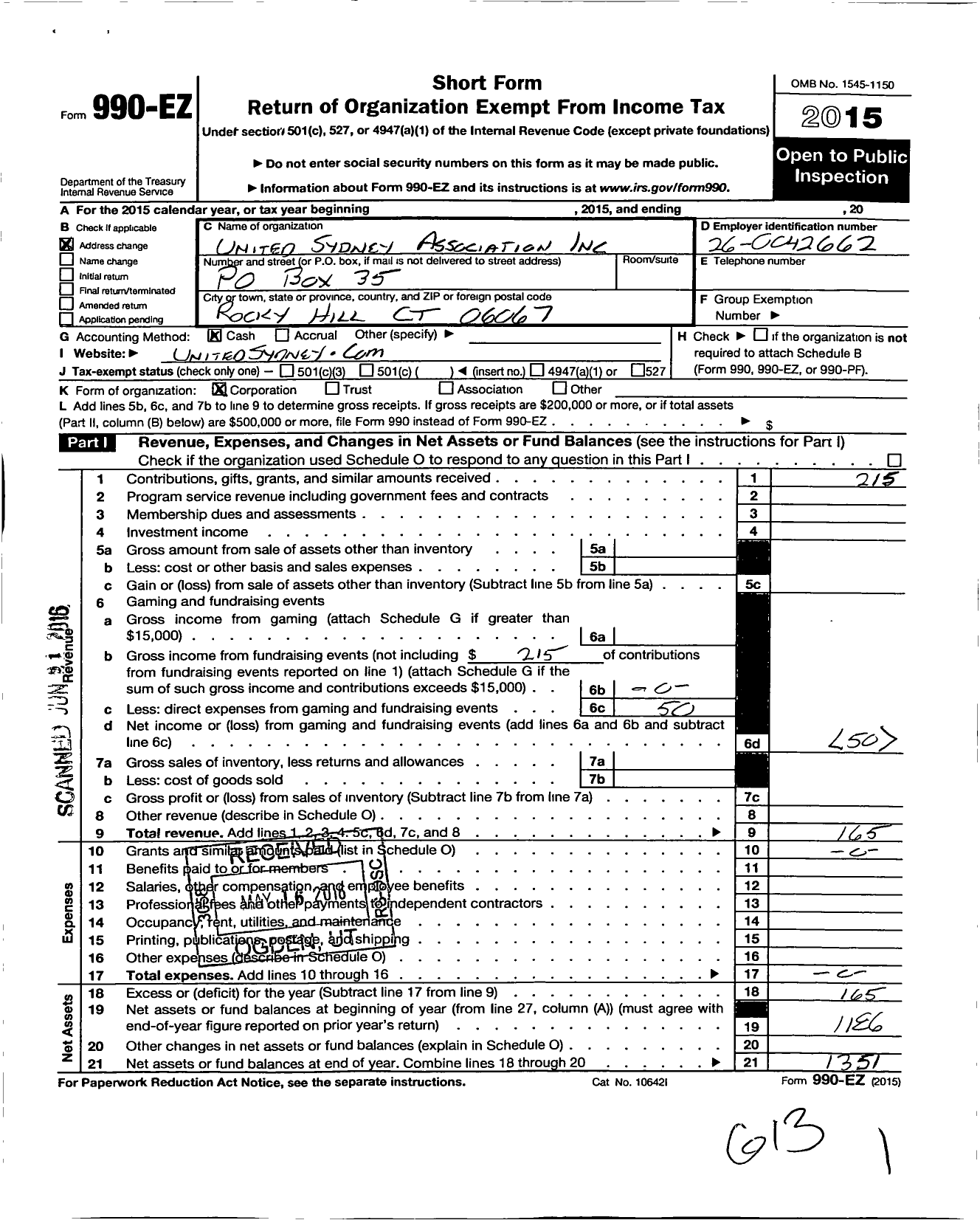 Image of first page of 2015 Form 990EO for United Sydney Association