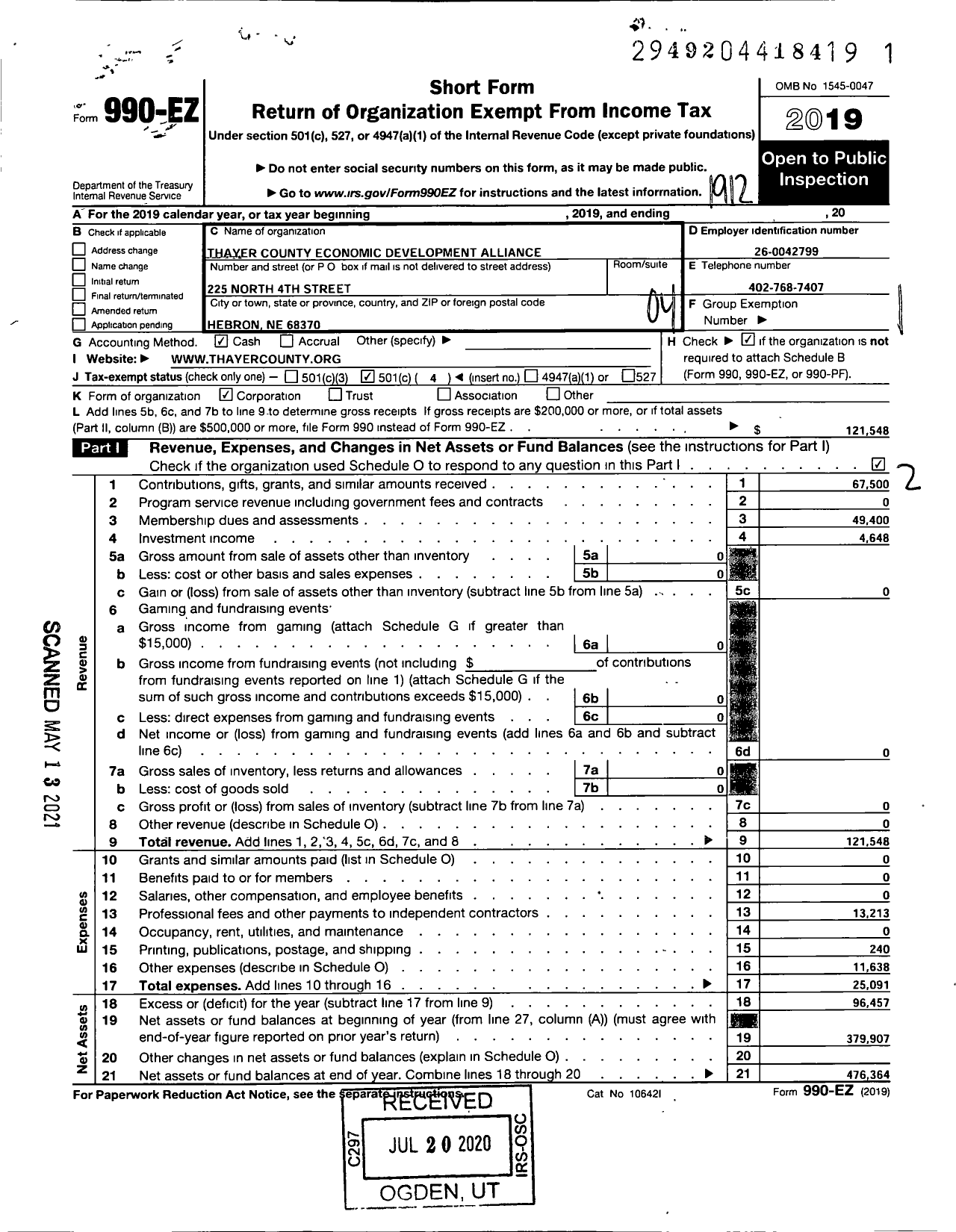 Image of first page of 2019 Form 990EO for Thayer County Economic Development