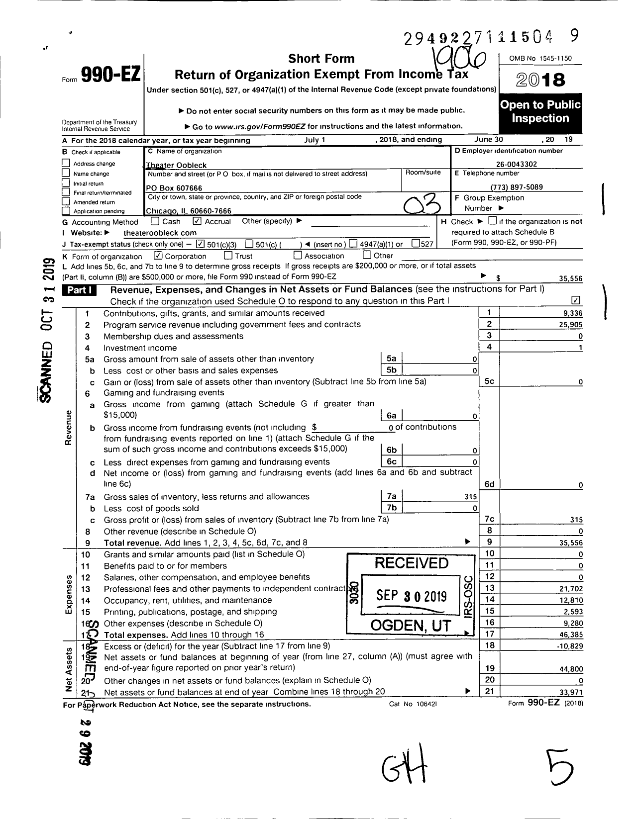 Image of first page of 2018 Form 990EZ for Theater Oobleck