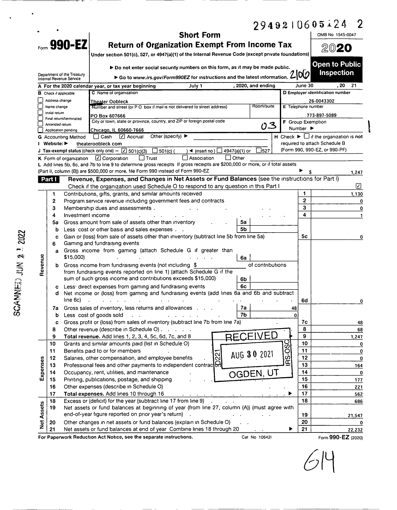 Image of first page of 2020 Form 990EZ for Theater Oobleck