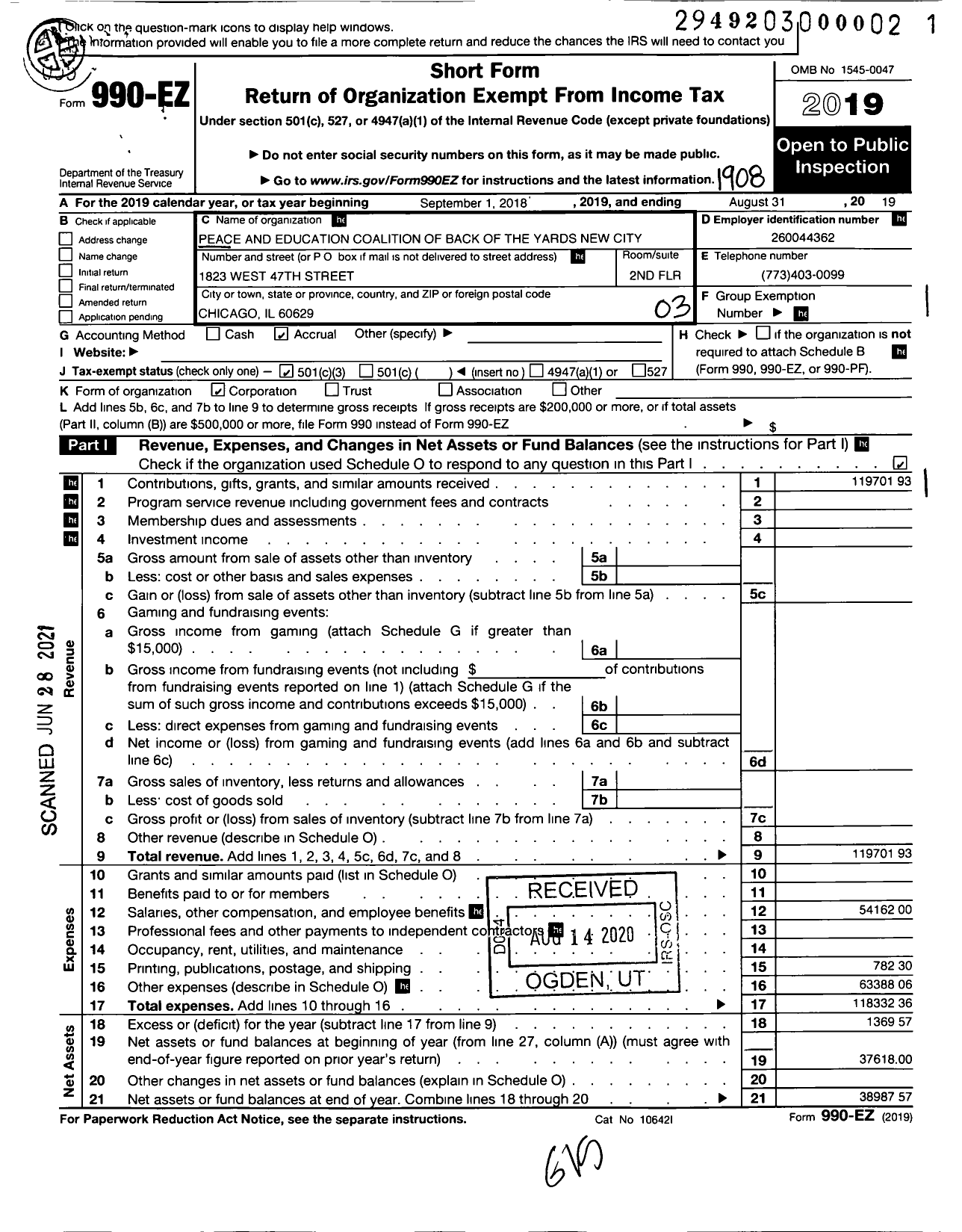 Image of first page of 2018 Form 990EZ for Peace and Education Coalition of Back of the Yards New City