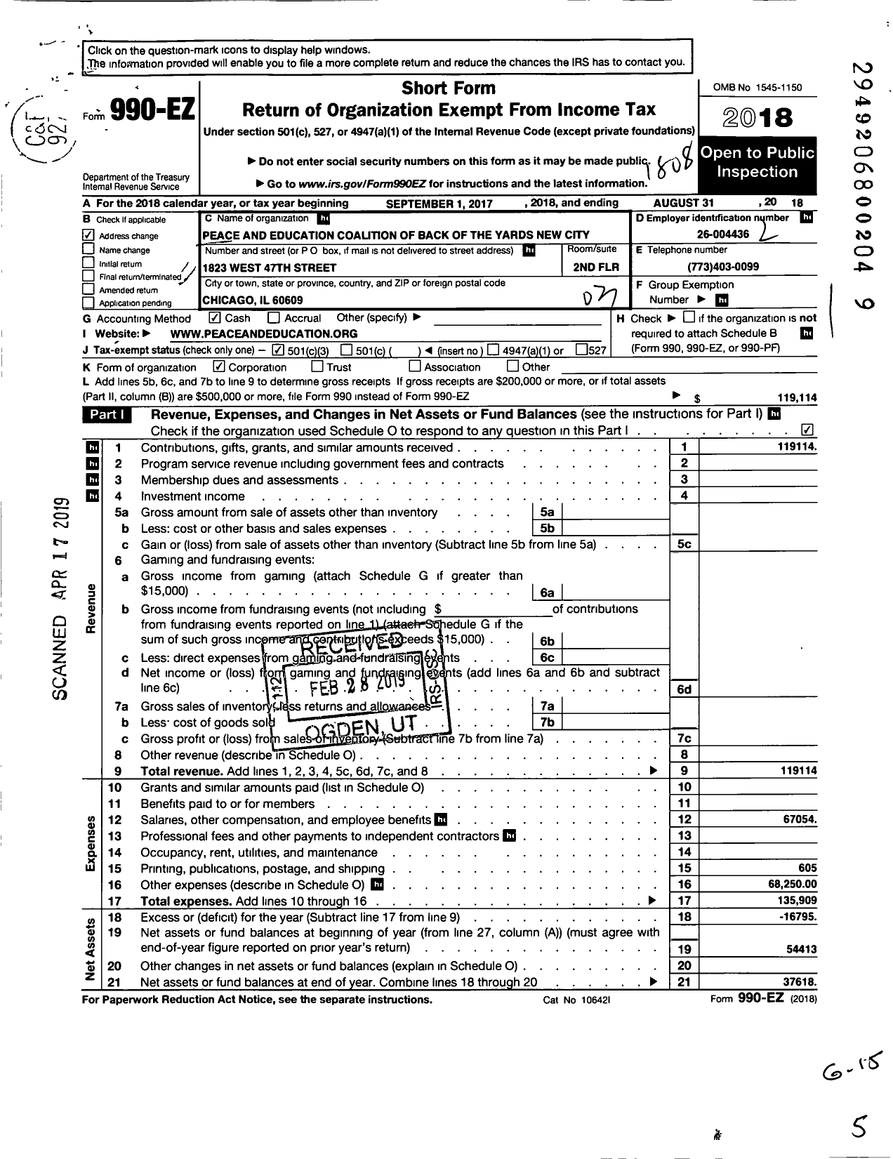 Image of first page of 2017 Form 990EZ for Peace and Education Coalition of Back of the Yards New City