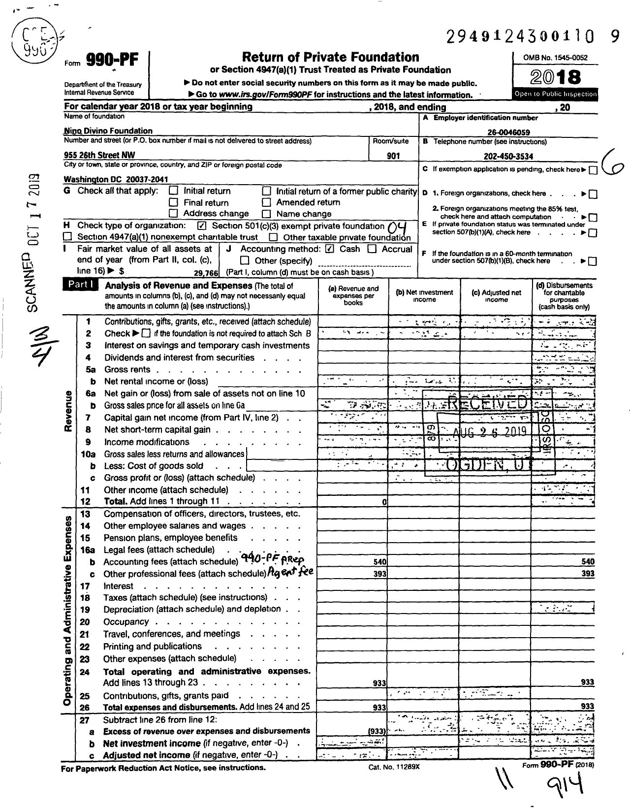 Image of first page of 2018 Form 990PF for Nino Divino Foundation