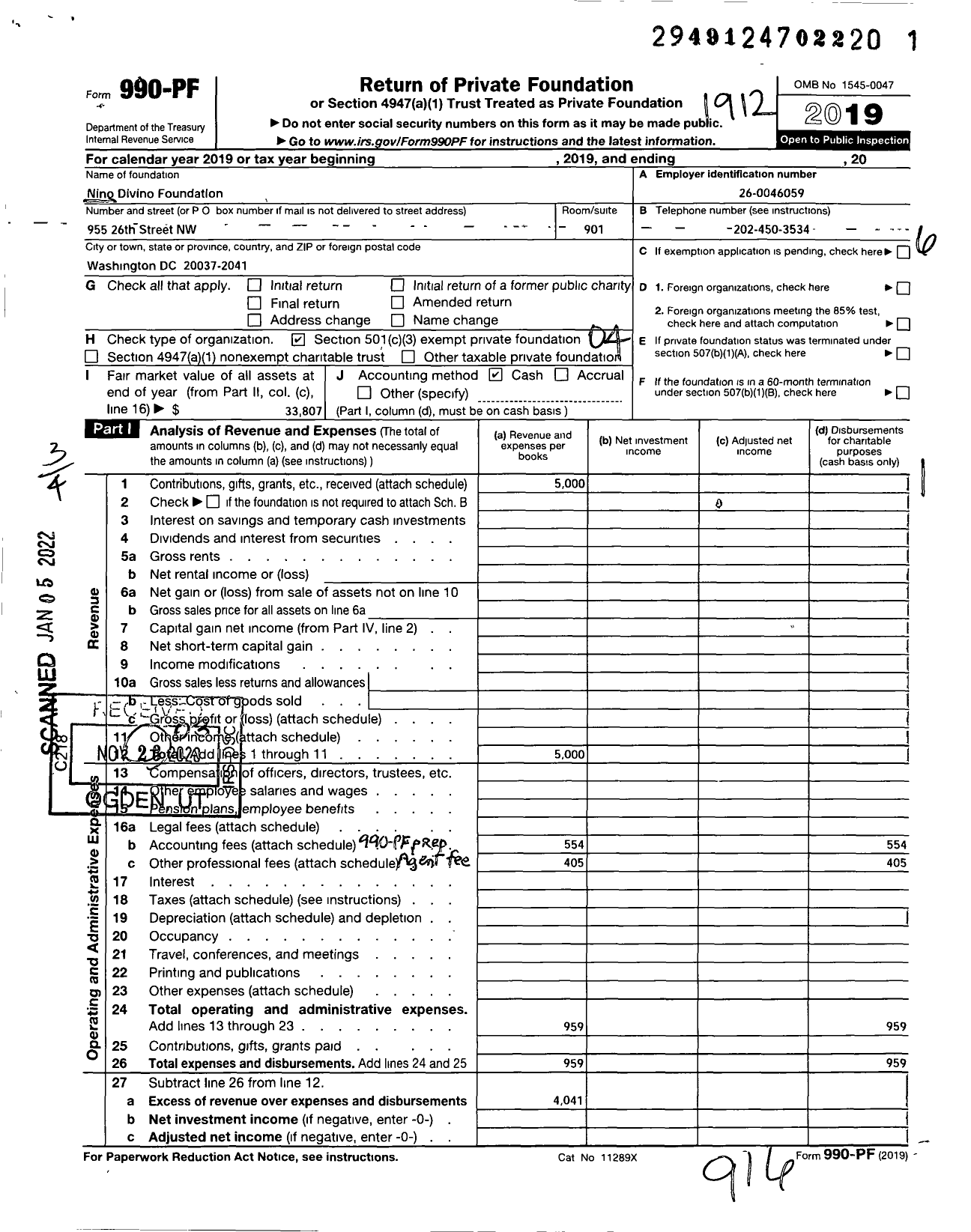 Image of first page of 2019 Form 990PF for Nino Divino Foundation