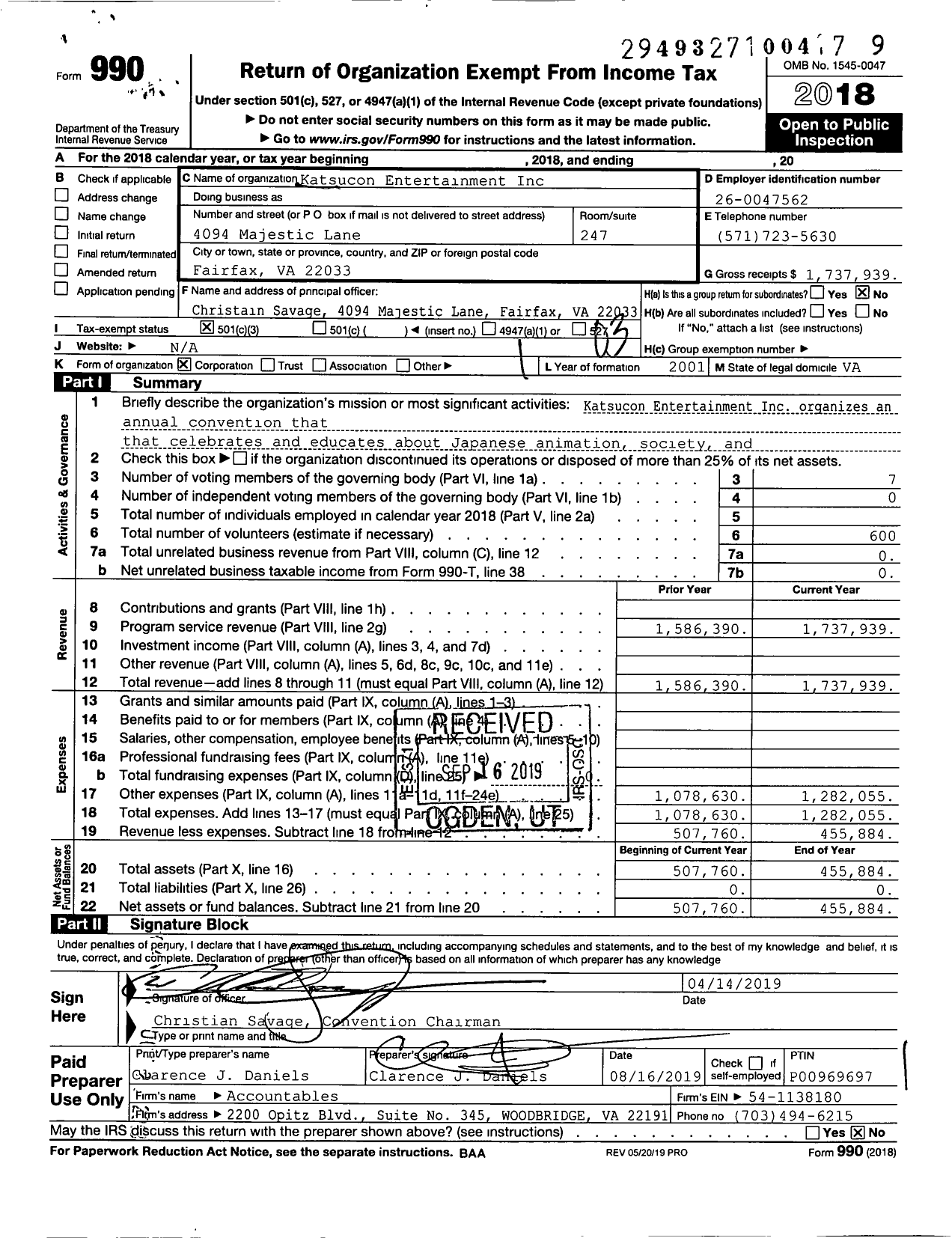 Image of first page of 2018 Form 990 for Katsucon Entertainment