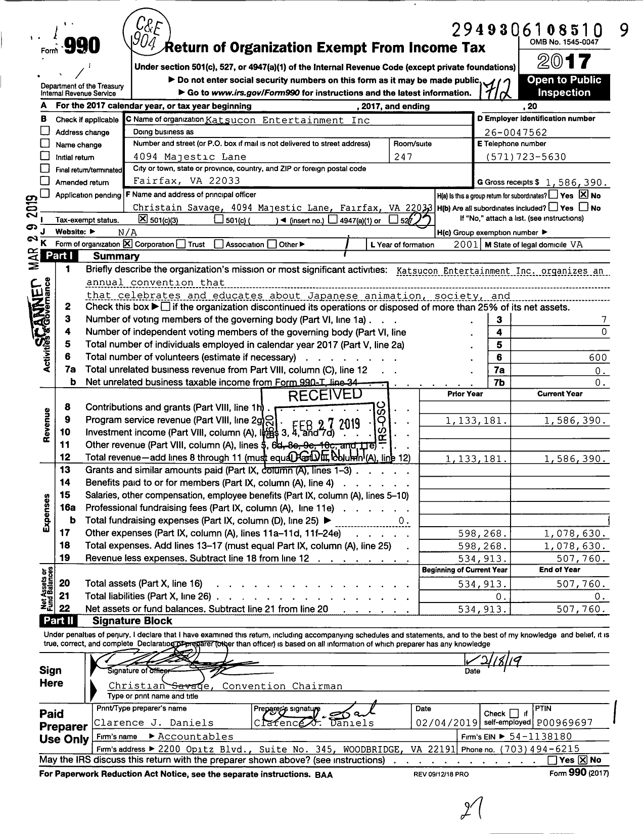 Image of first page of 2017 Form 990 for Katsucon Entertainment