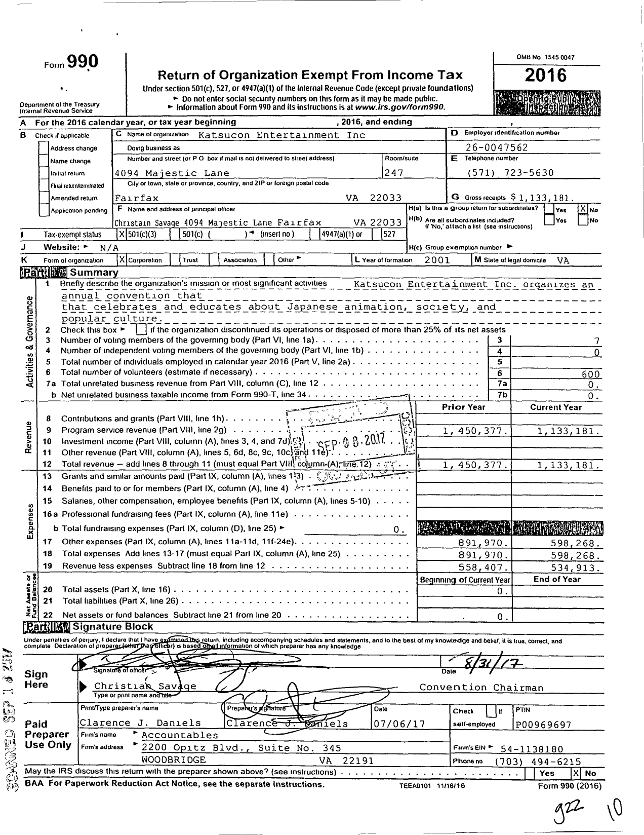 Image of first page of 2016 Form 990 for Katsucon Entertainment