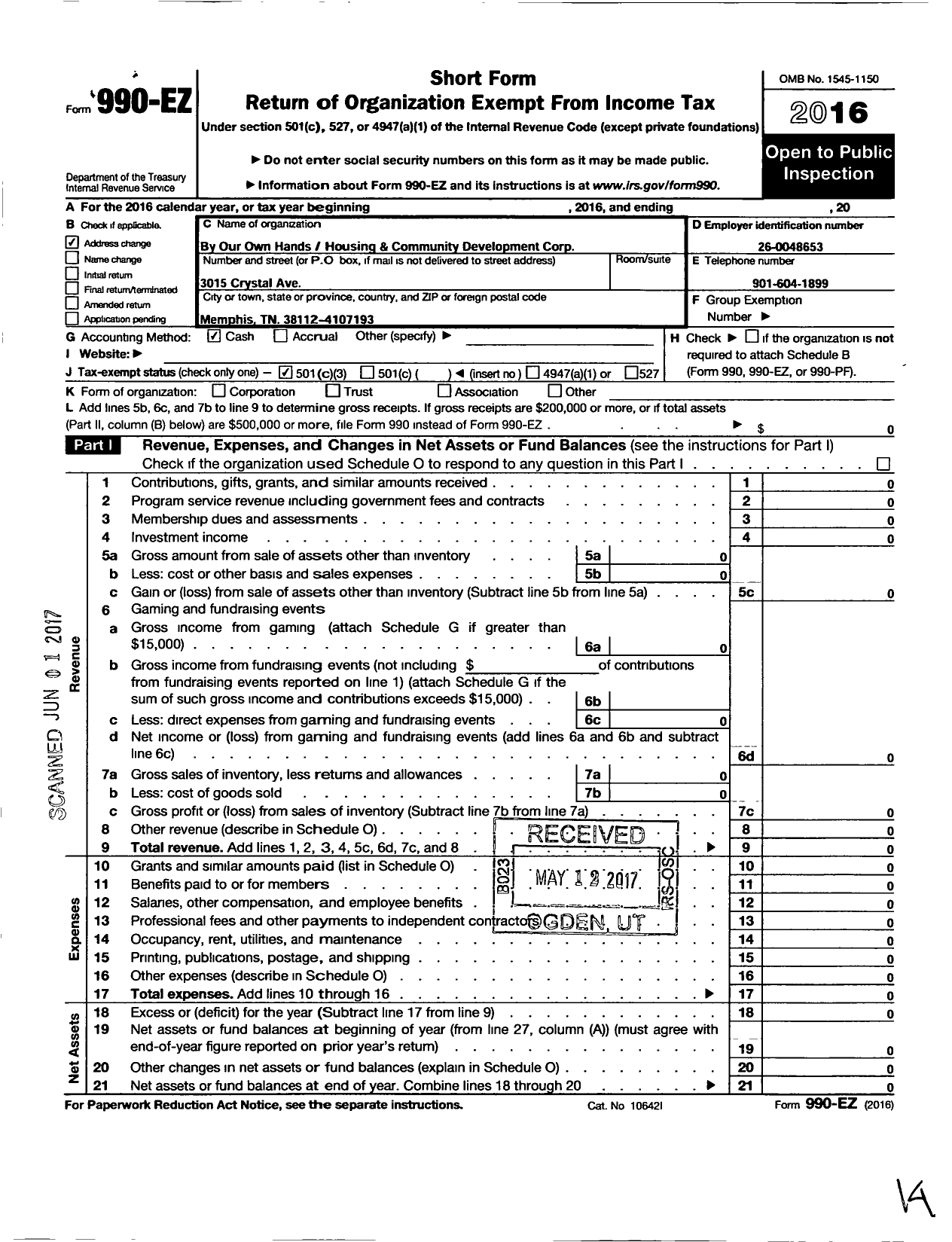 Image of first page of 2016 Form 990EZ for By Our Own Hands Housing and Community Development Corporation