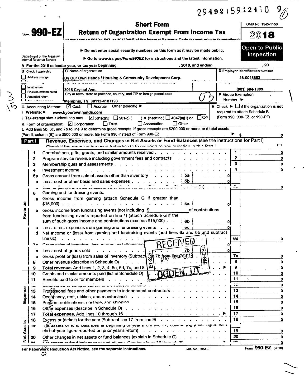 Image of first page of 2018 Form 990EZ for By Our Own Hands Housing and Community Development Corporation
