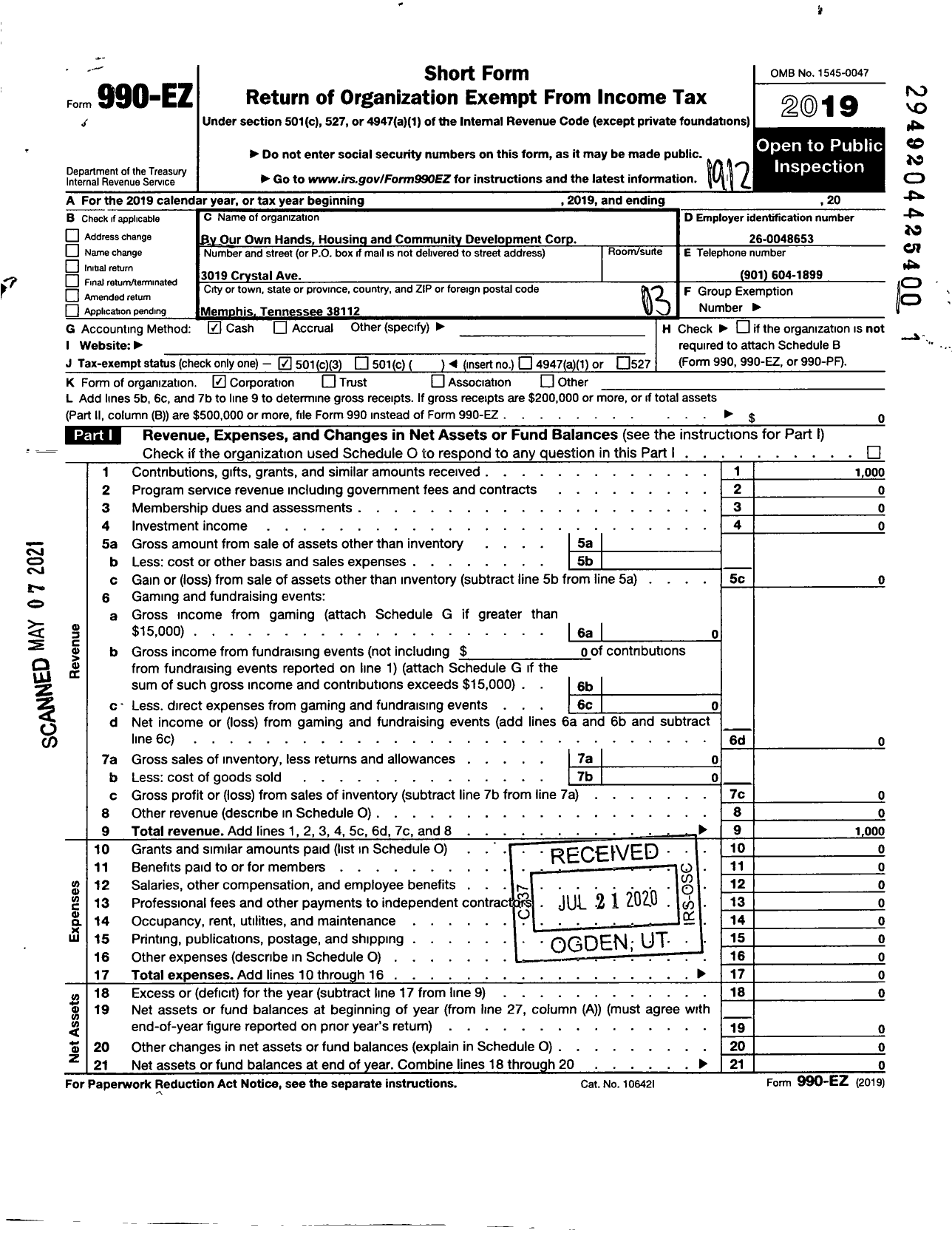 Image of first page of 2019 Form 990EZ for By Our Own Hands Housing and Community Development Corporation