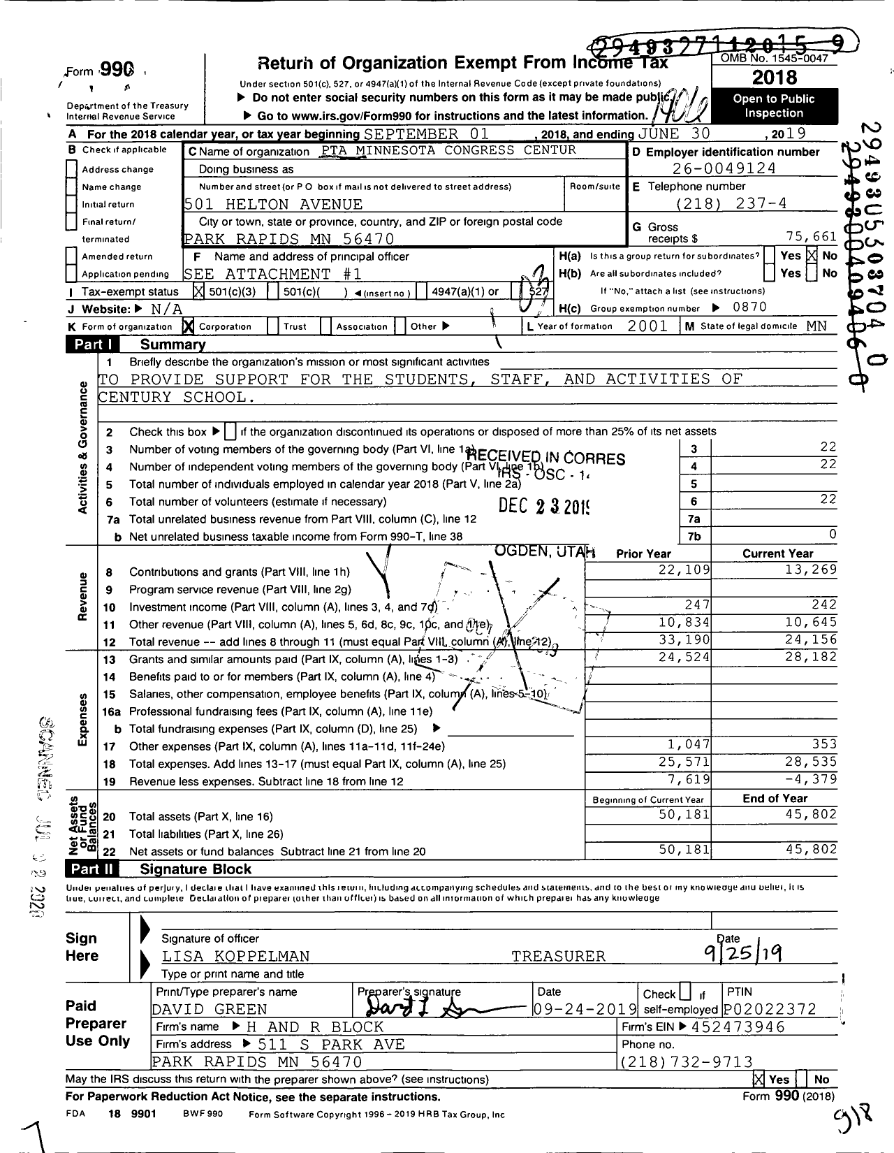 Image of first page of 2018 Form 990 for Century PTA