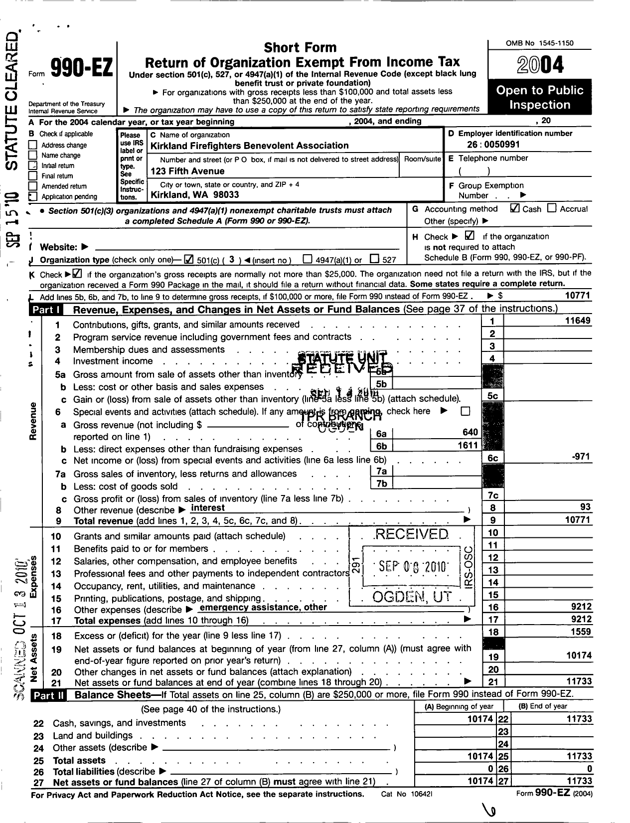 Image of first page of 2004 Form 990EZ for Kirkland Firefighters Benevolent Association