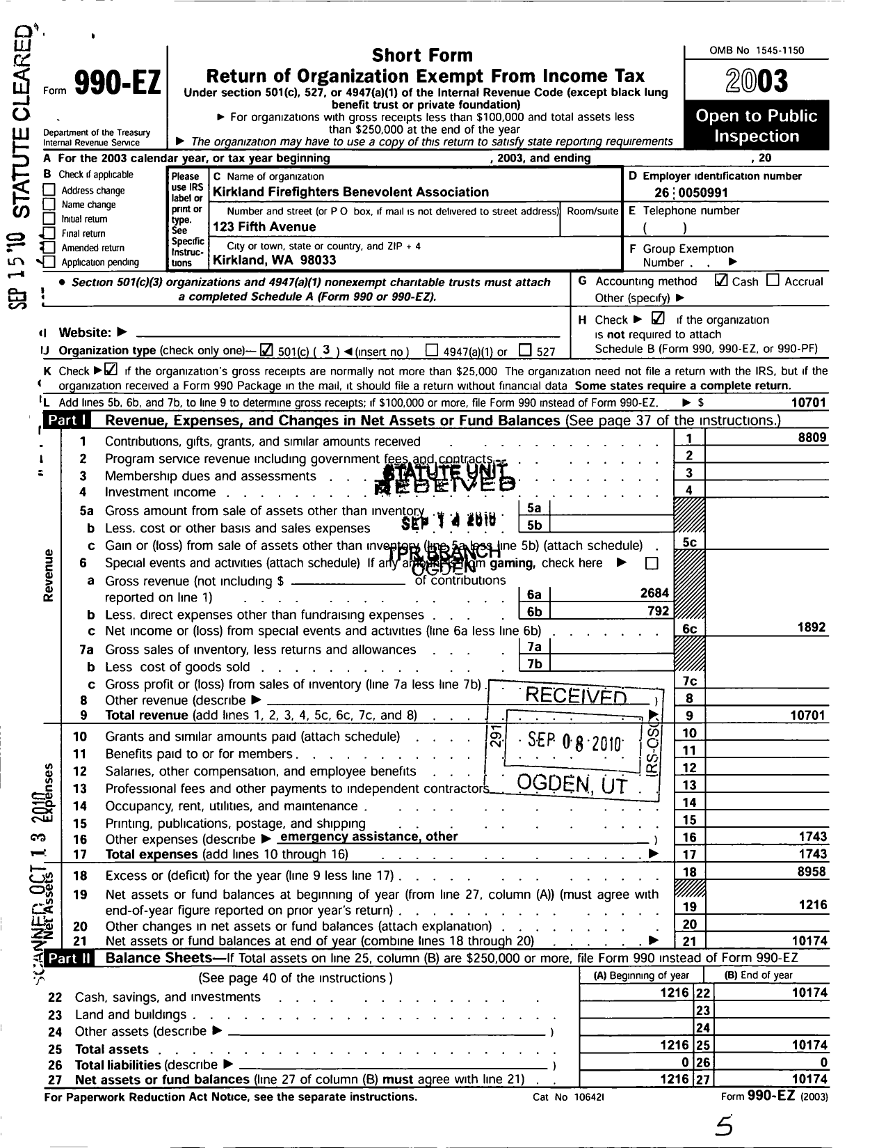 Image of first page of 2003 Form 990EZ for Kirkland Firefighters Benevolent Association