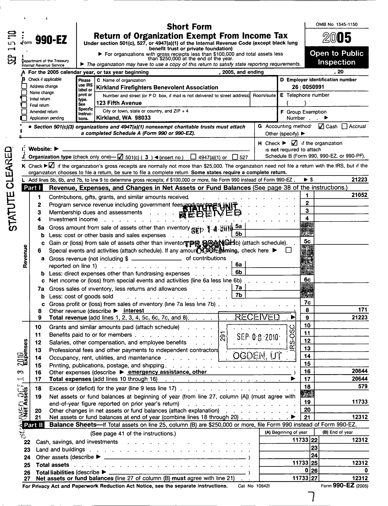 Image of first page of 2005 Form 990EZ for Kirkland Firefighters Benevolent Association