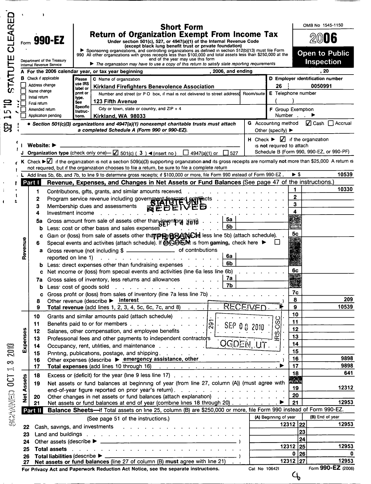 Image of first page of 2006 Form 990EZ for Kirkland Firefighters Benevolent Association