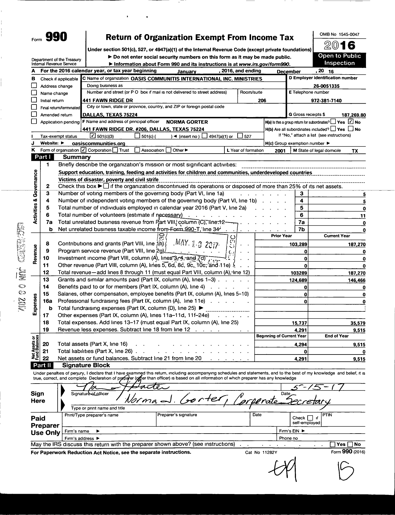 Image of first page of 2016 Form 990 for Oasis Communities International Ministries