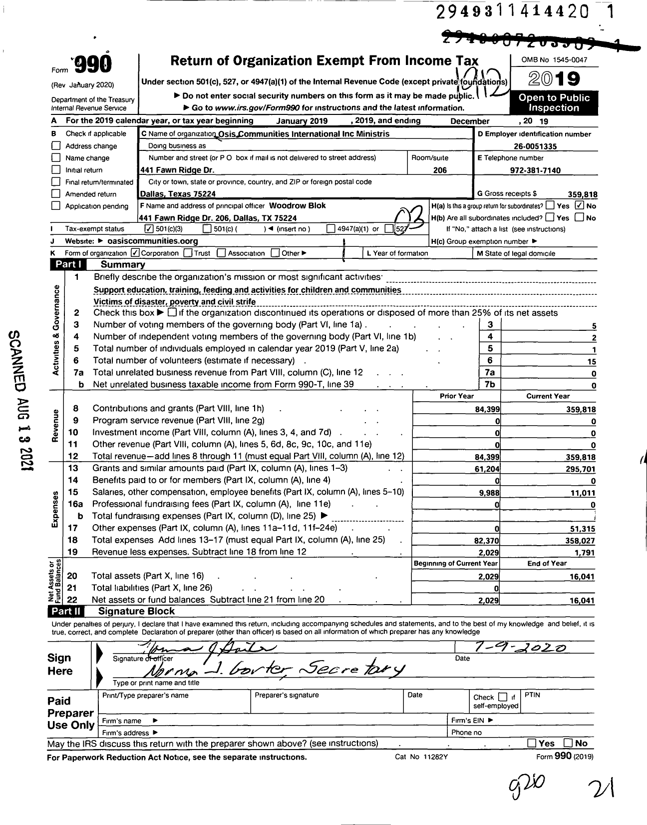 Image of first page of 2019 Form 990 for Oasis Communities International Ministries