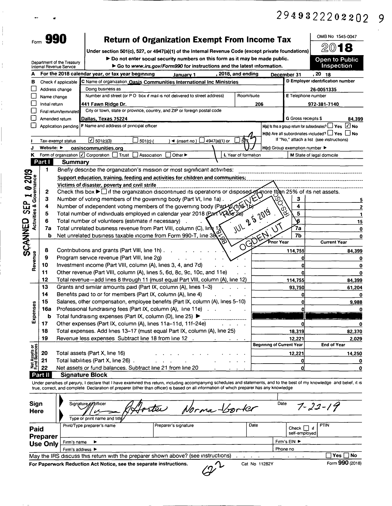 Image of first page of 2018 Form 990 for Oasis Communities International Ministries