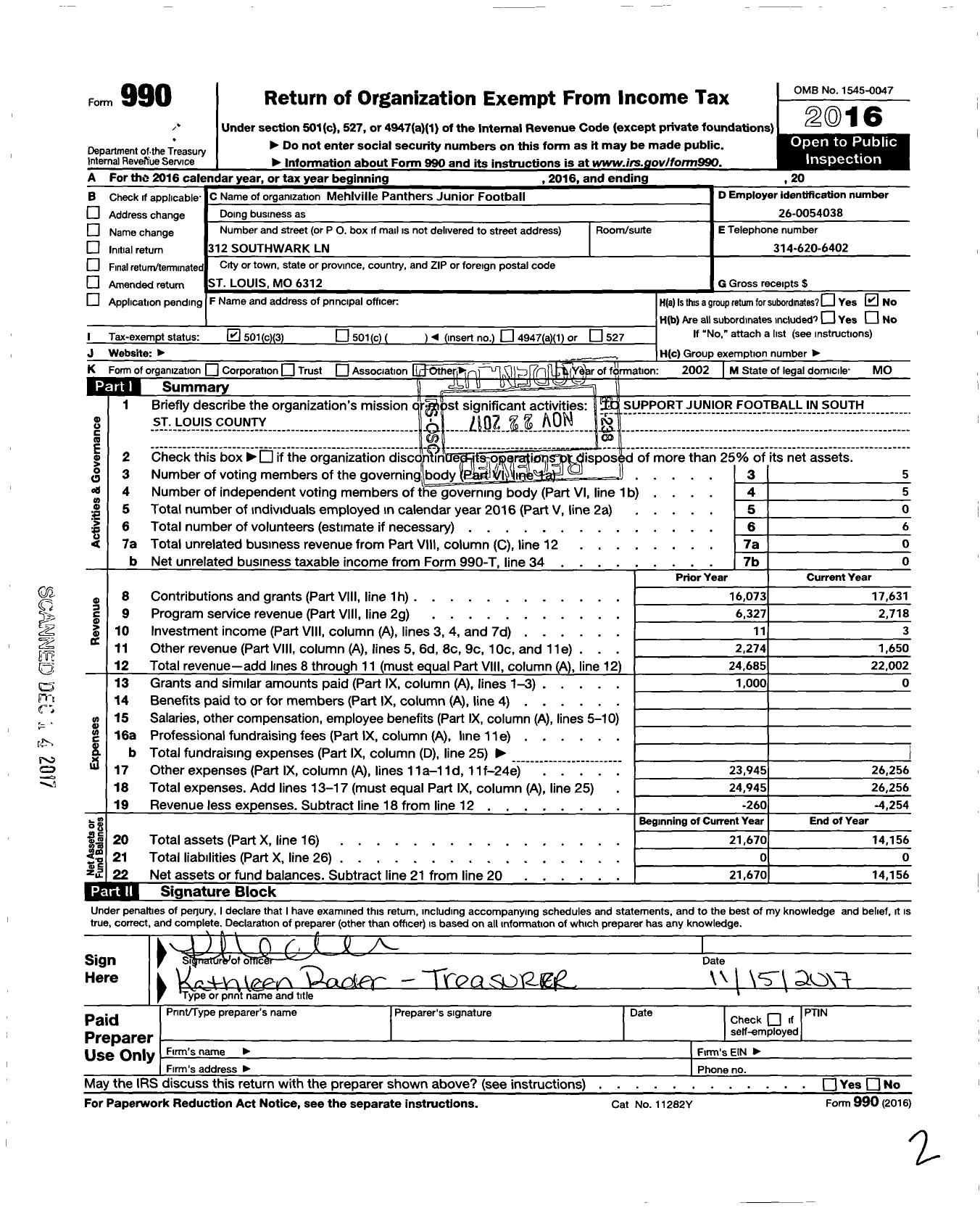 Image of first page of 2016 Form 990 for Mehlville Panthers JR Football Association