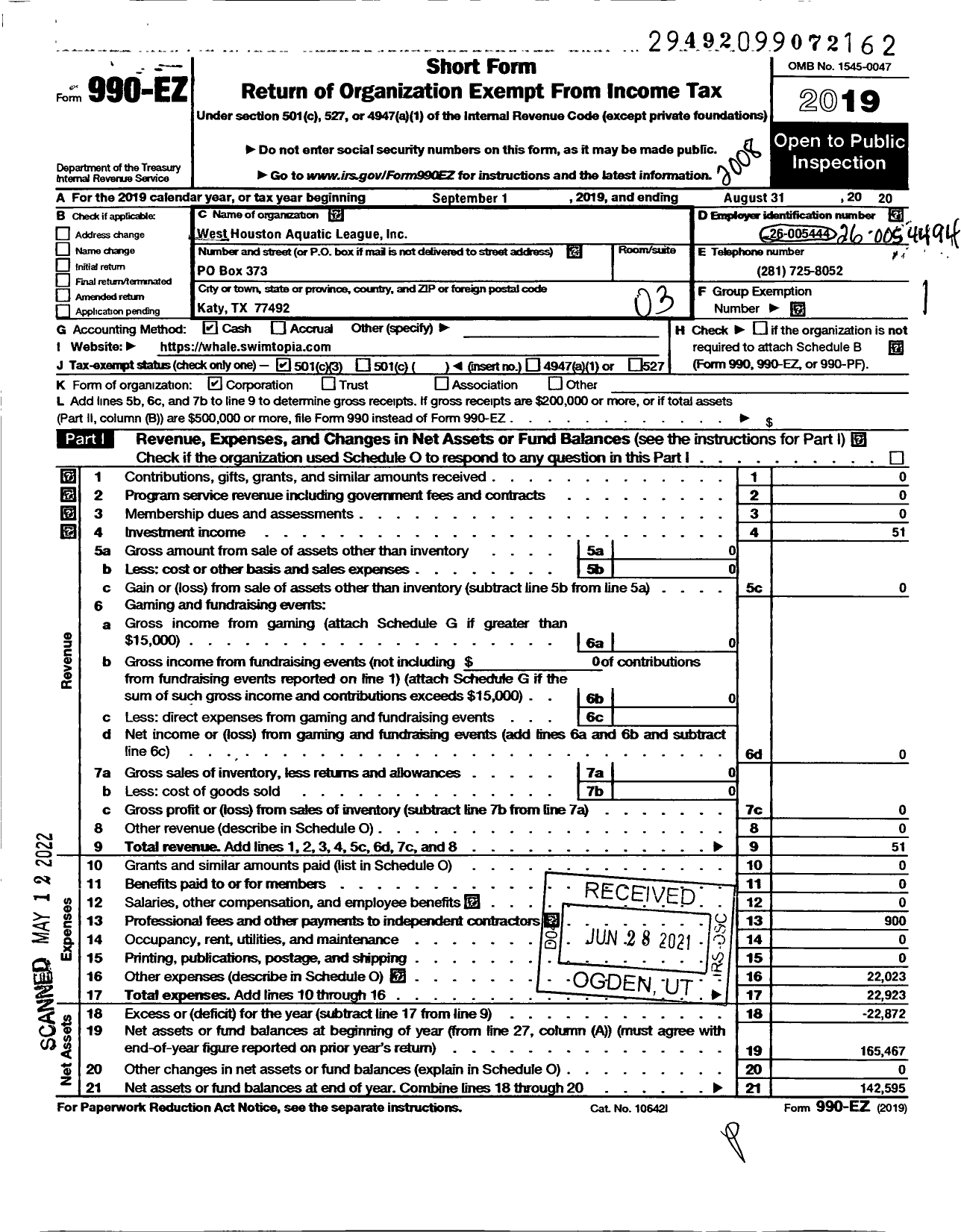 Image of first page of 2019 Form 990EZ for West Houston Aquatic League