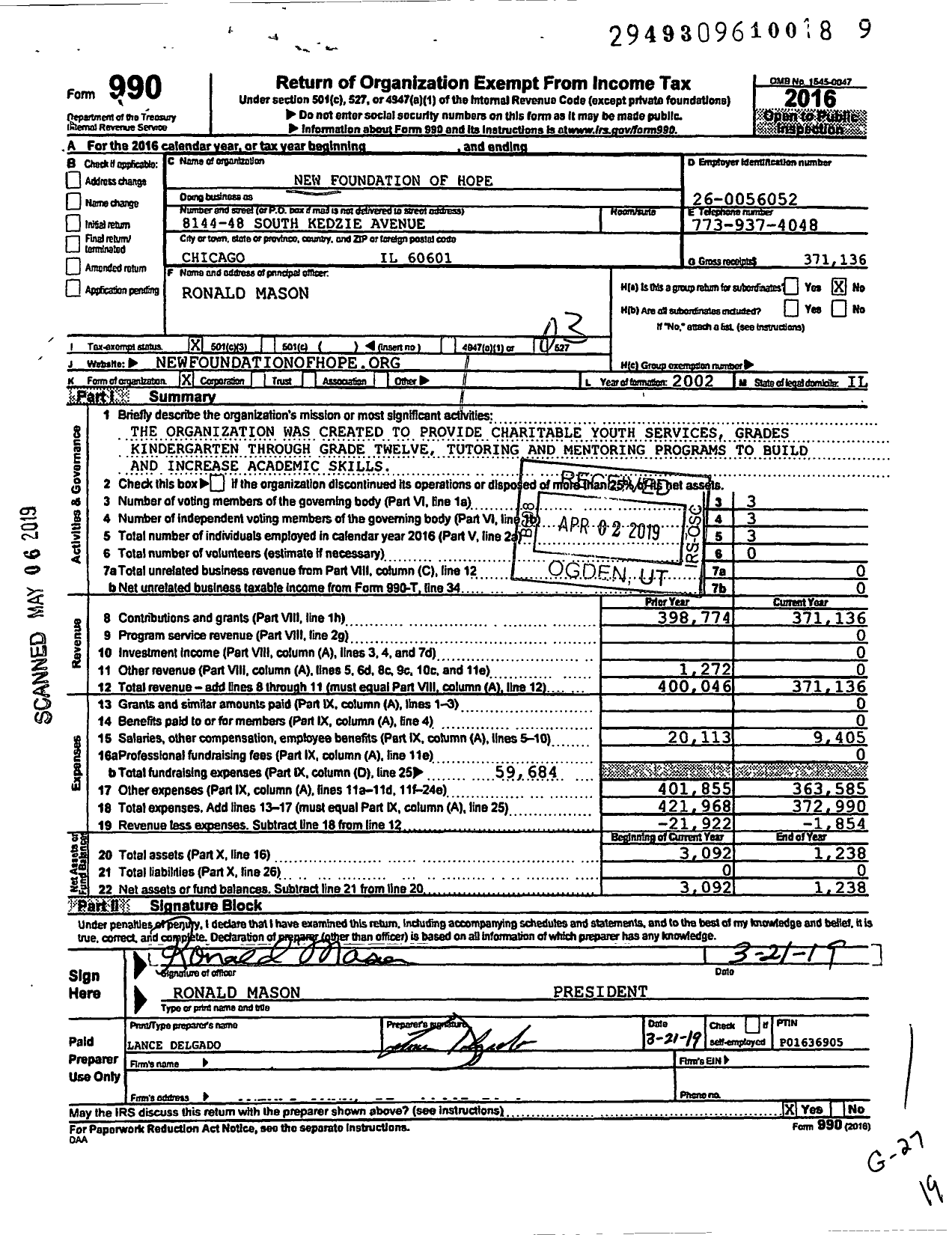 Image of first page of 2018 Form 990 for New Foundation of Hope