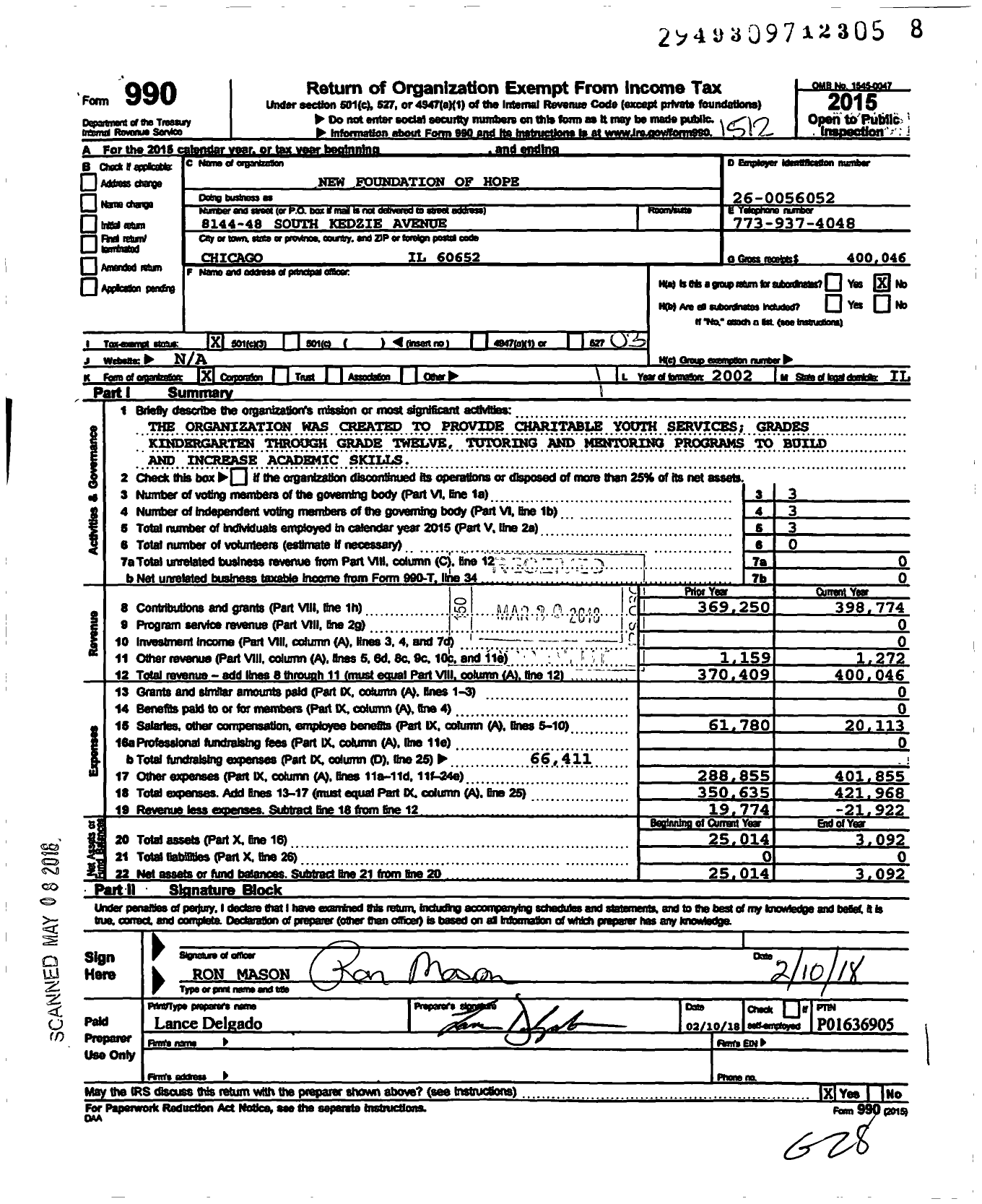 Image of first page of 2015 Form 990 for New Foundation of Hope