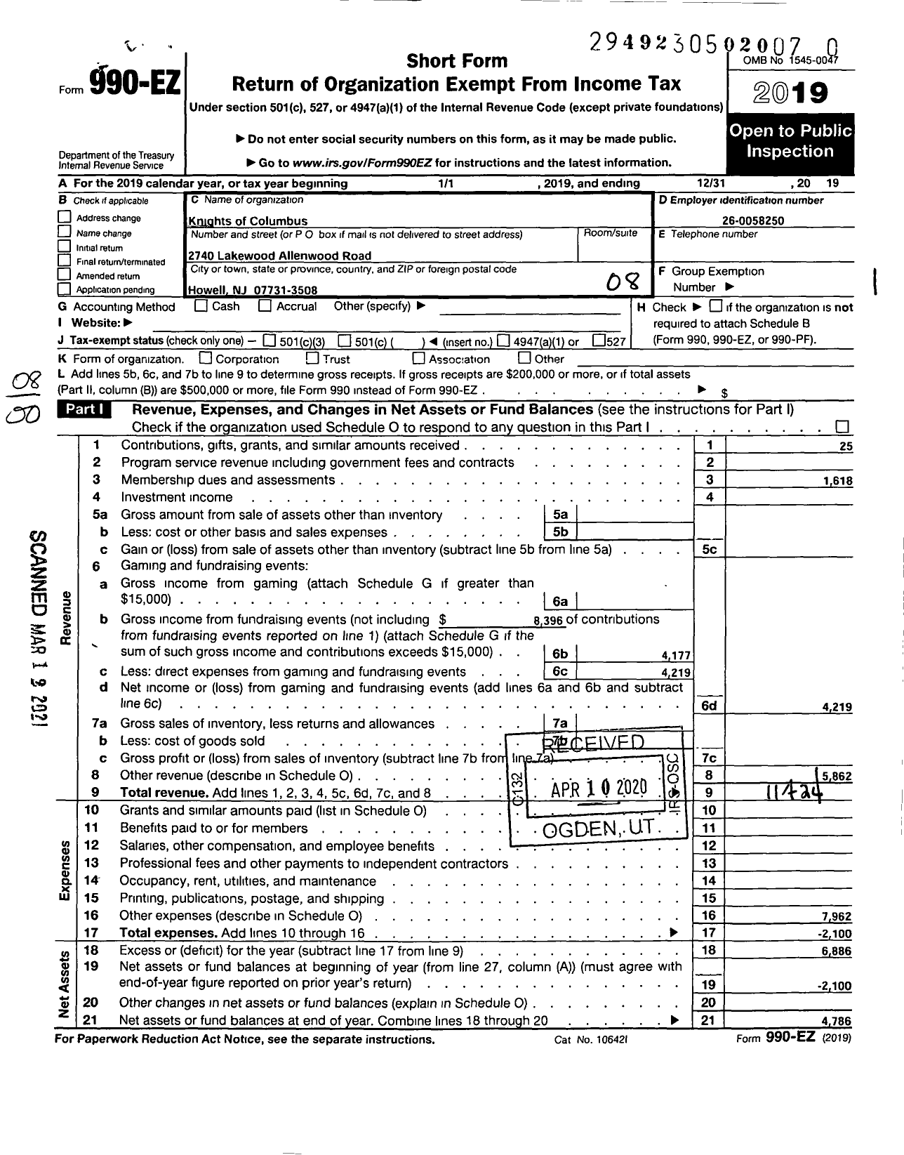 Image of first page of 2019 Form 990EO for Knights of Columbus - 10005 St Catherine of Siena Council