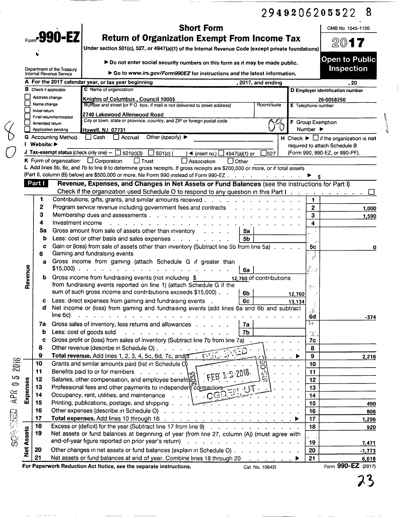 Image of first page of 2017 Form 990EO for Knights of Columbus - 10005 St Catherine of Siena Council