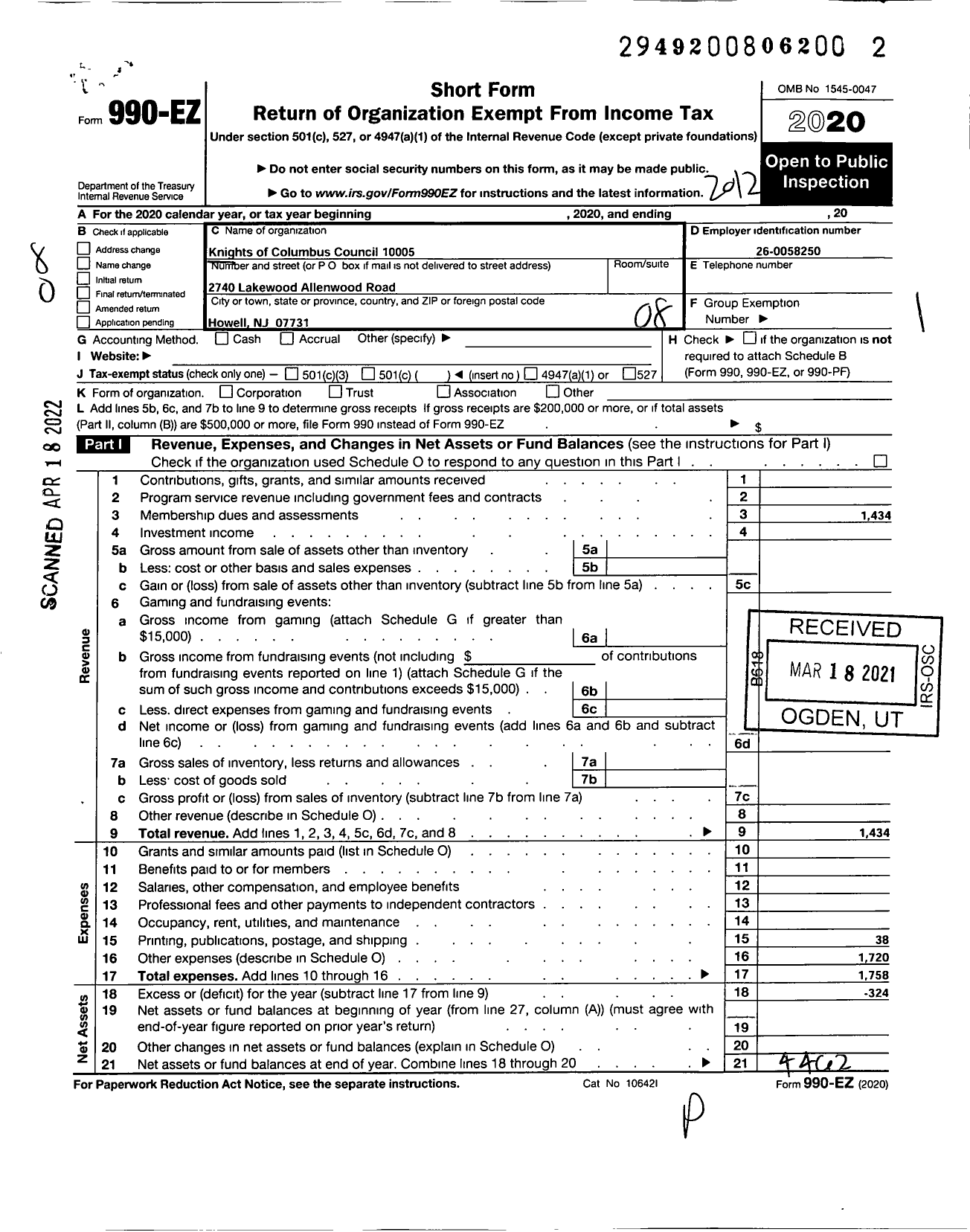 Image of first page of 2020 Form 990EO for Knights of Columbus - 10005 St Catherine of Siena Council