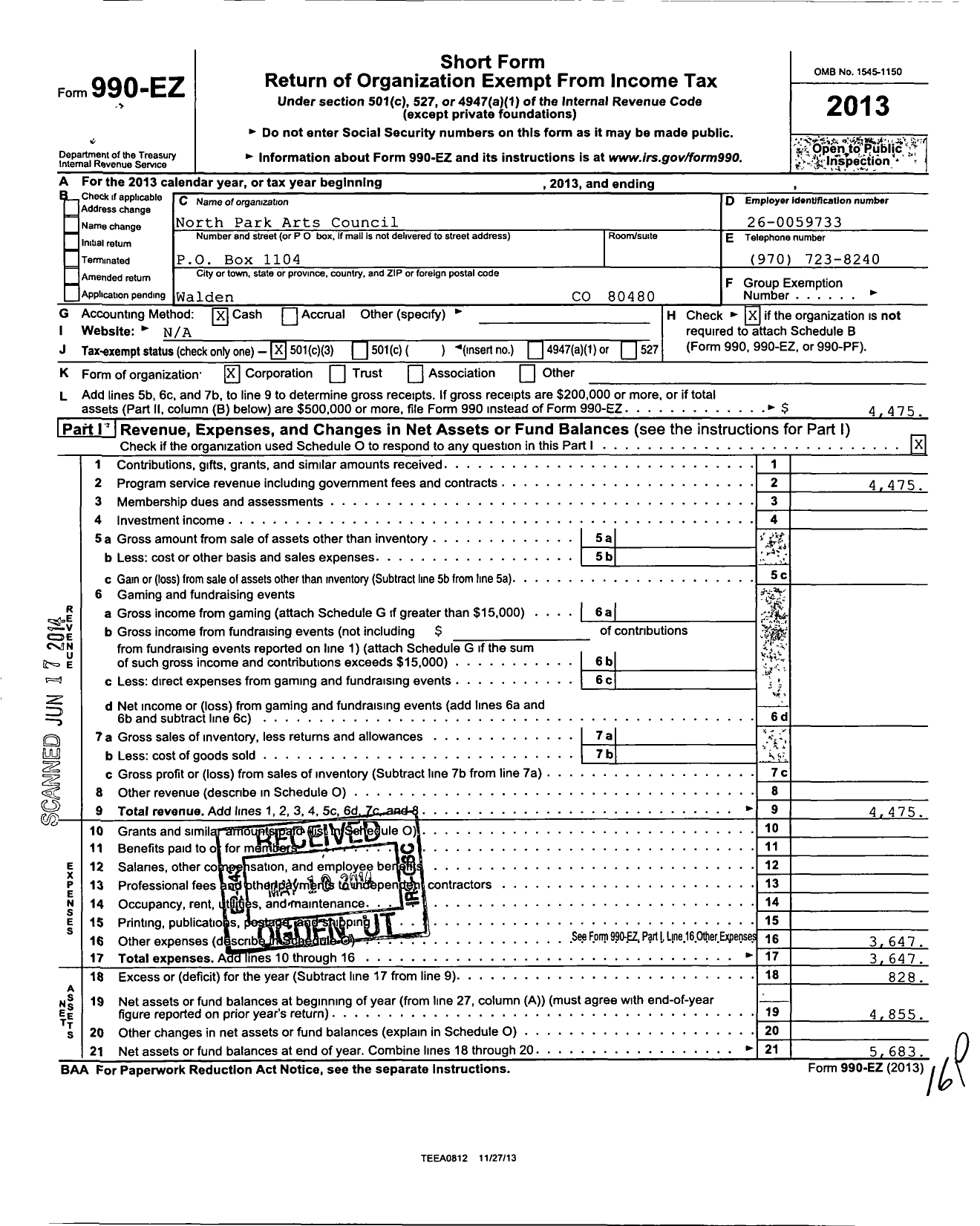 Image of first page of 2013 Form 990EZ for North Park Arts Council