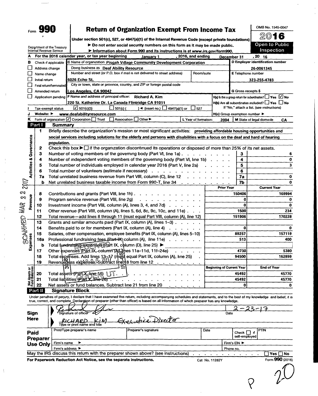 Image of first page of 2016 Form 990 for Pisgah Village Community Development Corporation