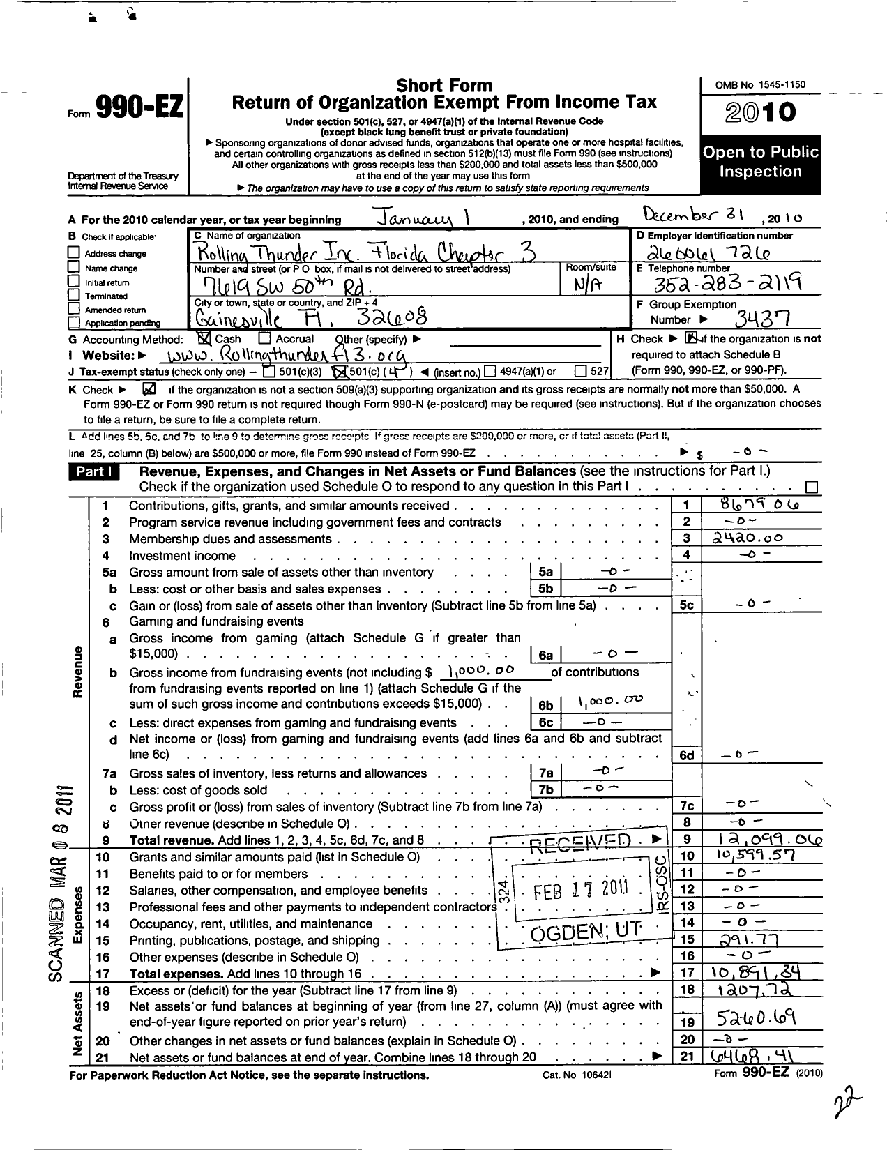 Image of first page of 2010 Form 990EO for Rolling Thunder - R T Chap 3 FL