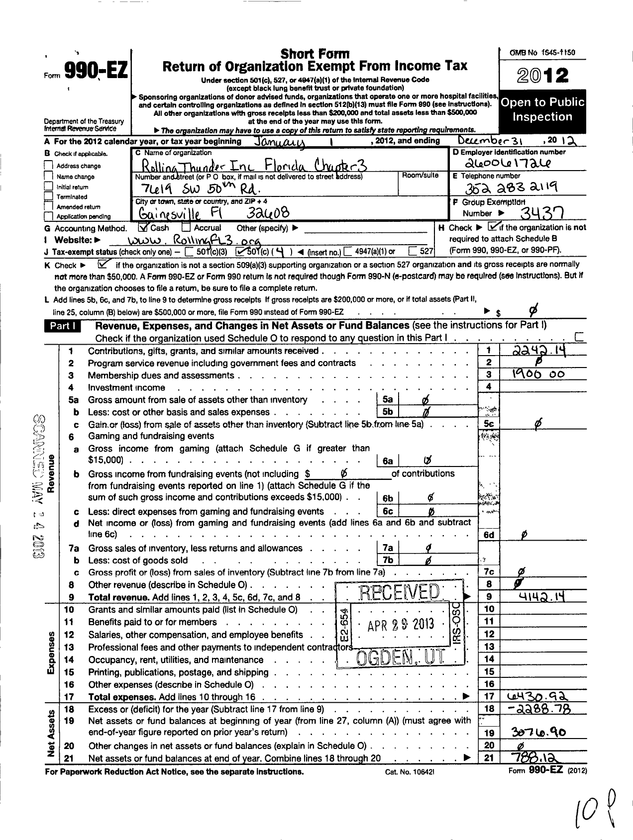Image of first page of 2012 Form 990EO for Rolling Thunder - R T Chap 3 FL