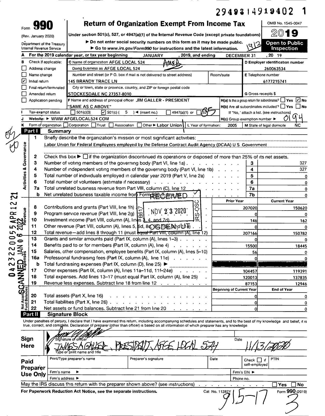 Image of first page of 2019 Form 990O for AMERICAN FEDERATION OF GOVERNMENT EMPLOYEES - 0524 Afge Local