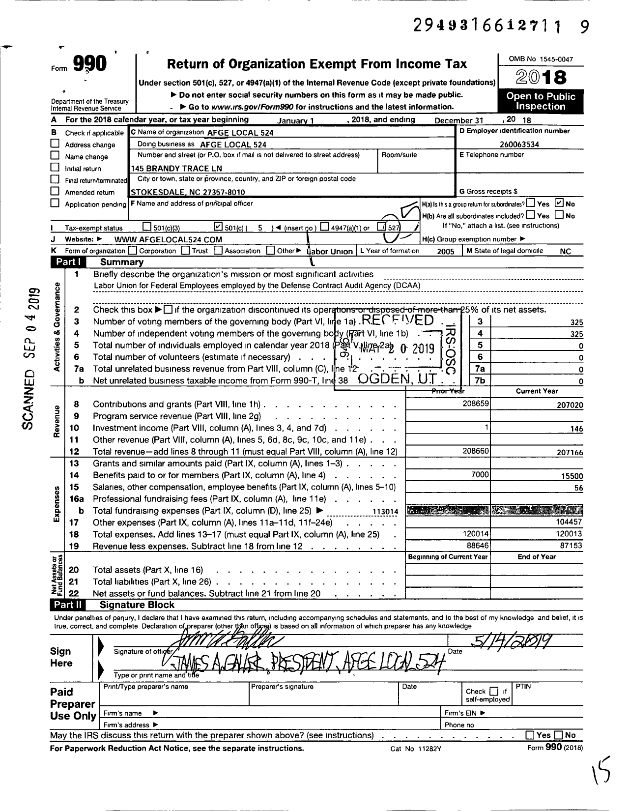 Image of first page of 2018 Form 990O for AMERICAN FEDERATION OF GOVERNMENT EMPLOYEES - 0524 Afge Local